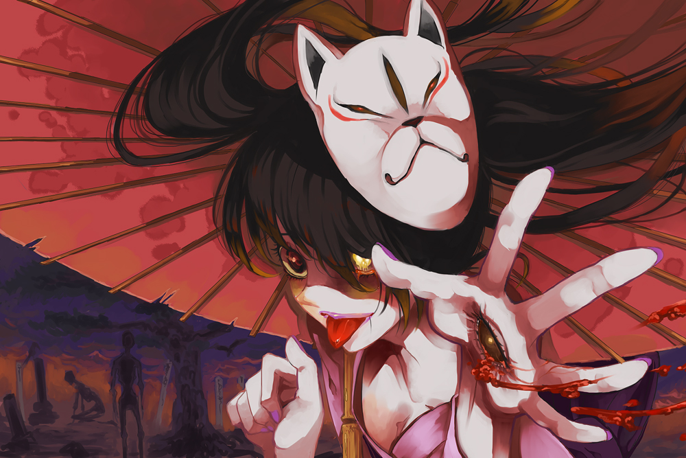edo murasaki, keisuke (pixiv275771), hatsune miku, zatsune miku, musunde hiraite rasetsu to mukuro (vocaloid), vocaloid, 1girl, black hair, blood, breasts, cleavage, creepy, female focus, fox mask, glowing, glowing eyes, horror (theme), japanese clothes, kimono, lipstick, long hair, makeup, mask, nail polish, oil-paper umbrella, purple nails, red eyes, smile, solo, tongue, twintails, umbrella, yukata, zombie