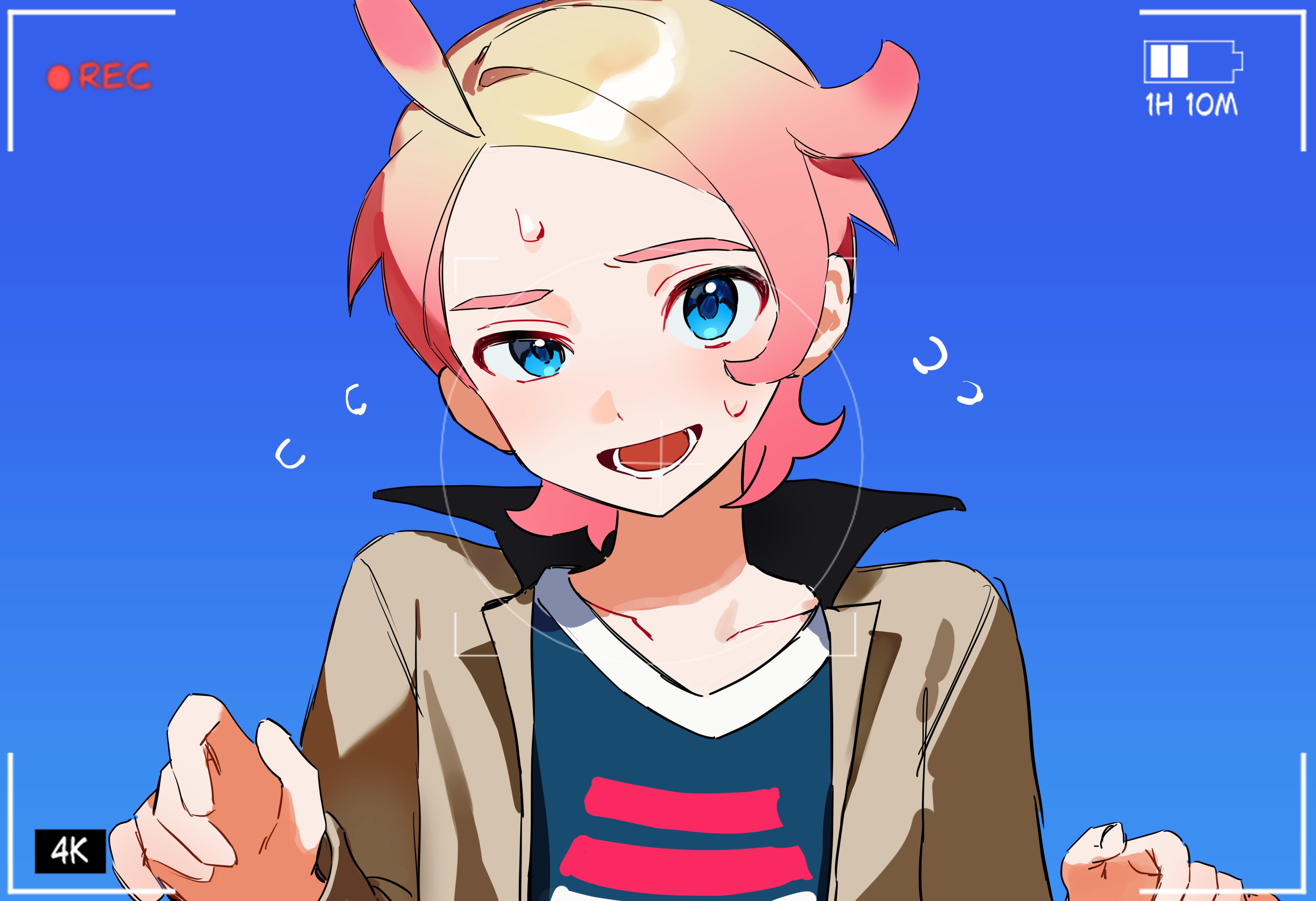 pokesudal, urbain (pokemon), nintendo, pokemon, pokemon legends: z-a, absurdres, highres, 1boy, ahoge, battery indicator, blonde hair, blue background, blue eyes, brown jacket, collarbone, collared jacket, flying sweatdrops, jacket, looking at viewer, lower teeth only, male focus, open clothes, open jacket, open mouth, print shirt, recording, shirt, solo, sweat, teeth, tongue, upper body, viewfinder