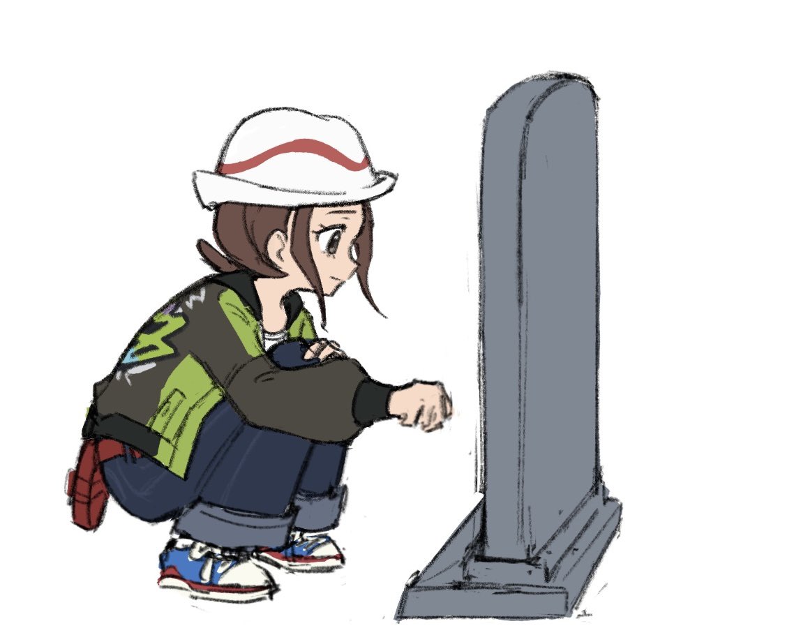 xlii idk, harmony (pokemon), nintendo, pokemon, pokemon legends: z-a, hashtag-only commentary, 1girl, blue shoes, brown hair, closed mouth, eyelashes, from side, green jacket, hat, jacket, long sleeves, pants, print jacket, red bag, shoes, sidelocks, simple background, sneakers, solo, squatting, tombstone, white background, white hat