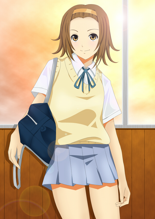 kishida-shiki, tainaka ritsu, k-on!, 00s, 1girl, bag, brown hair, female focus, hairband, indoors, pleated skirt, school uniform, short hair, skirt, sky, solo, sweater vest, tomboy