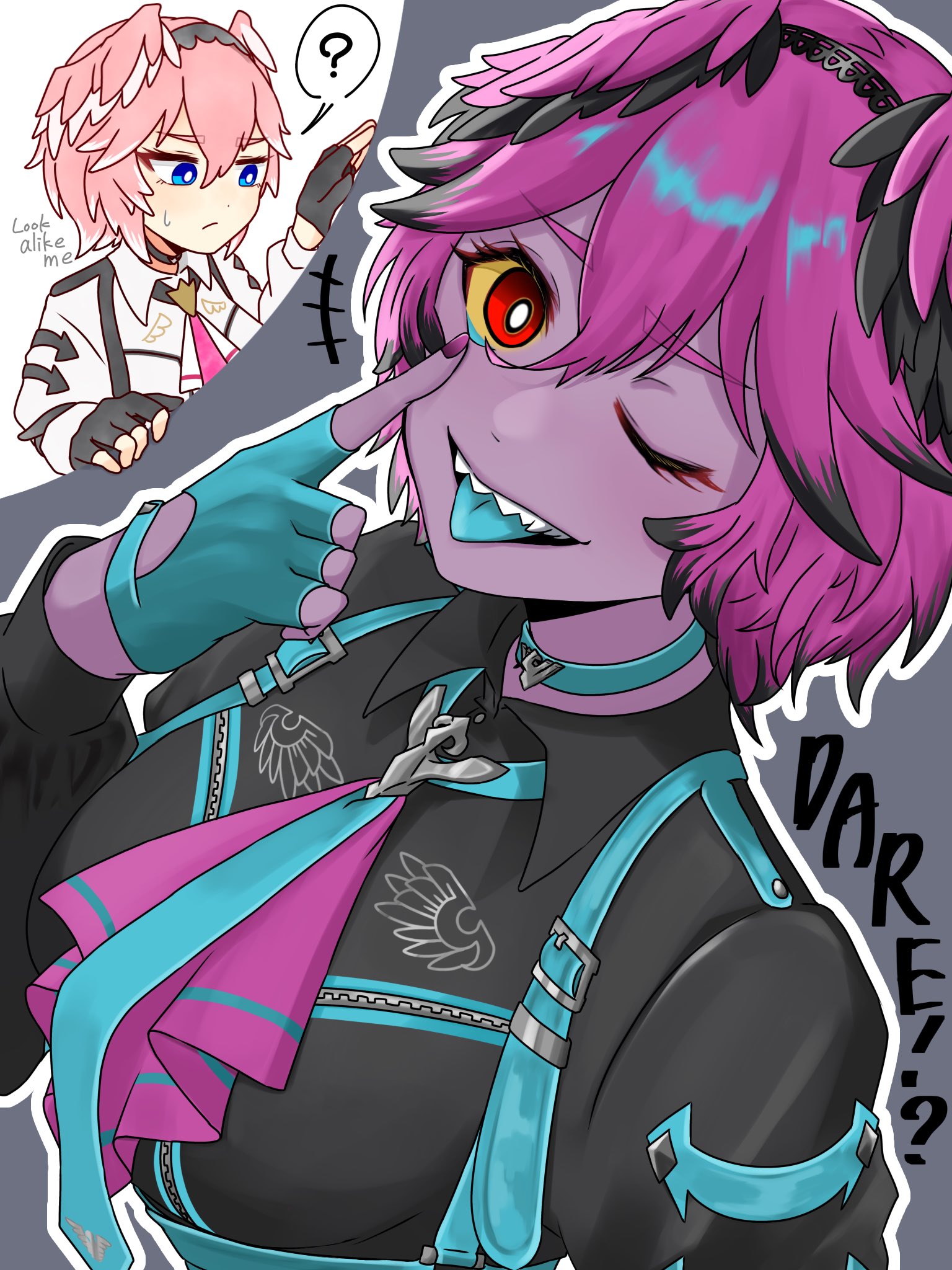 ringo 21 a, takane lui, takane lui (1st costume), hololive, commentary, hashtag-only commentary, highres, symbol-only commentary, +++, 2girls, ?, akanbe, alternate color, black choker, black gloves, black shirt, blue choker, blue eyes, blue gloves, blue tongue, breasts, choker, closed mouth, colored tongue, dare!? (takane lui), double-parted bangs, eyelid pull, fingerless gloves, fingernails, gloves, grey background, hair between eyes, head wings, large breasts, long sleeves, looking at viewer, multiple girls, one eye closed, open mouth, pink hair, purple hair, red eyes, sharp teeth, shirt, short hair, small sweatdrop, smile, solo focus, spoken question mark, teeth, tongue, tongue out, upper body, virtual youtuber, white shirt, wings