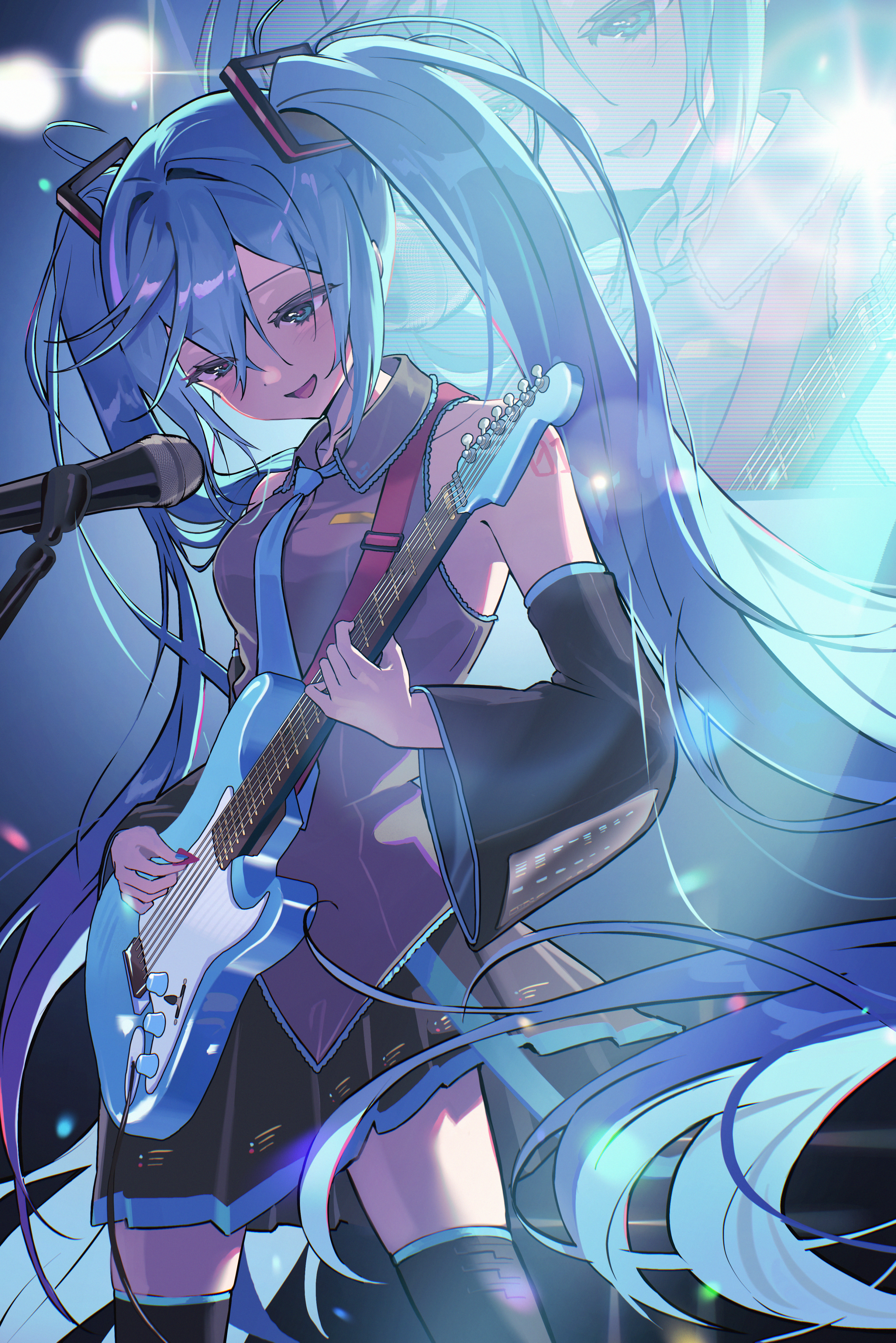 eechodam, hatsune miku, vocaloid, absurdres, highres, 1girl, aqua eyes, aqua hair, aqua nails, aqua necktie, aqua trim, arm tattoo, black skirt, blush, breasts, collarbone, collared shirt, detached sleeves, electric guitar, grey shirt, guitar, hair between eyes, hair ornament, holding, holding guitar, holding instrument, instrument, long hair, long sleeves, medium breasts, microphone, miniskirt, necktie, number tattoo, open mouth, pleated skirt, shirt, skirt, sleeveless, sleeveless shirt, smile, solo, tattoo, twintails, very long hair, wide sleeves