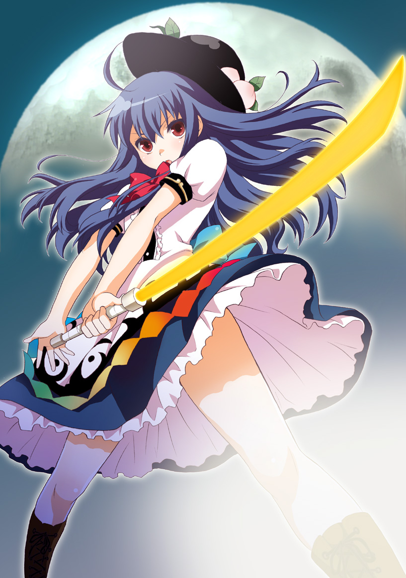 mattaku mousuke, hinanawi tenshi, touhou, bad id, bad pixiv id, 1girl, blue hair, female focus, food, fruit, hat, long hair, moon, outdoors, peach, red eyes, sky, solo, sword, sword of hisou, weapon