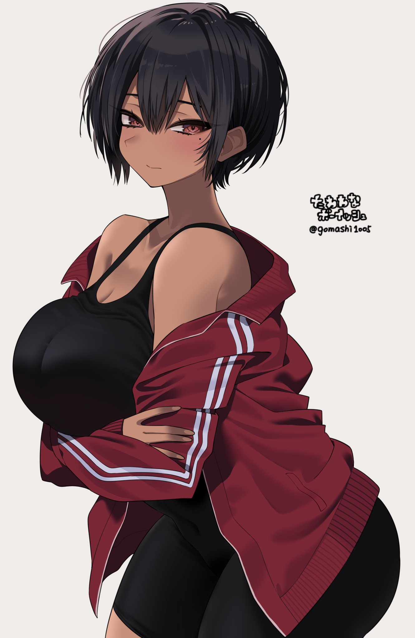gomashi (goma), original, commentary request, highres, 1girl, arms under breasts, artist name, black hair, black unitard, blush, breasts, brown eyes, closed mouth, crossed arms, dark-skinned female, dark skin, grey background, jacket, large breasts, looking at viewer, mole, mole under eye, open clothes, open jacket, red jacket, short hair, simple background, solo, striped clothes, striped jacket, track jacket, twitter username, vertical-striped clothes, vertical-striped jacket