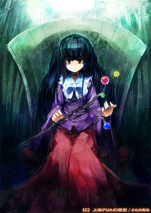 ukyo rst, houraisan kaguya, touhou, 1girl, black hair, female focus, long hair, red eyes, sitting, solo