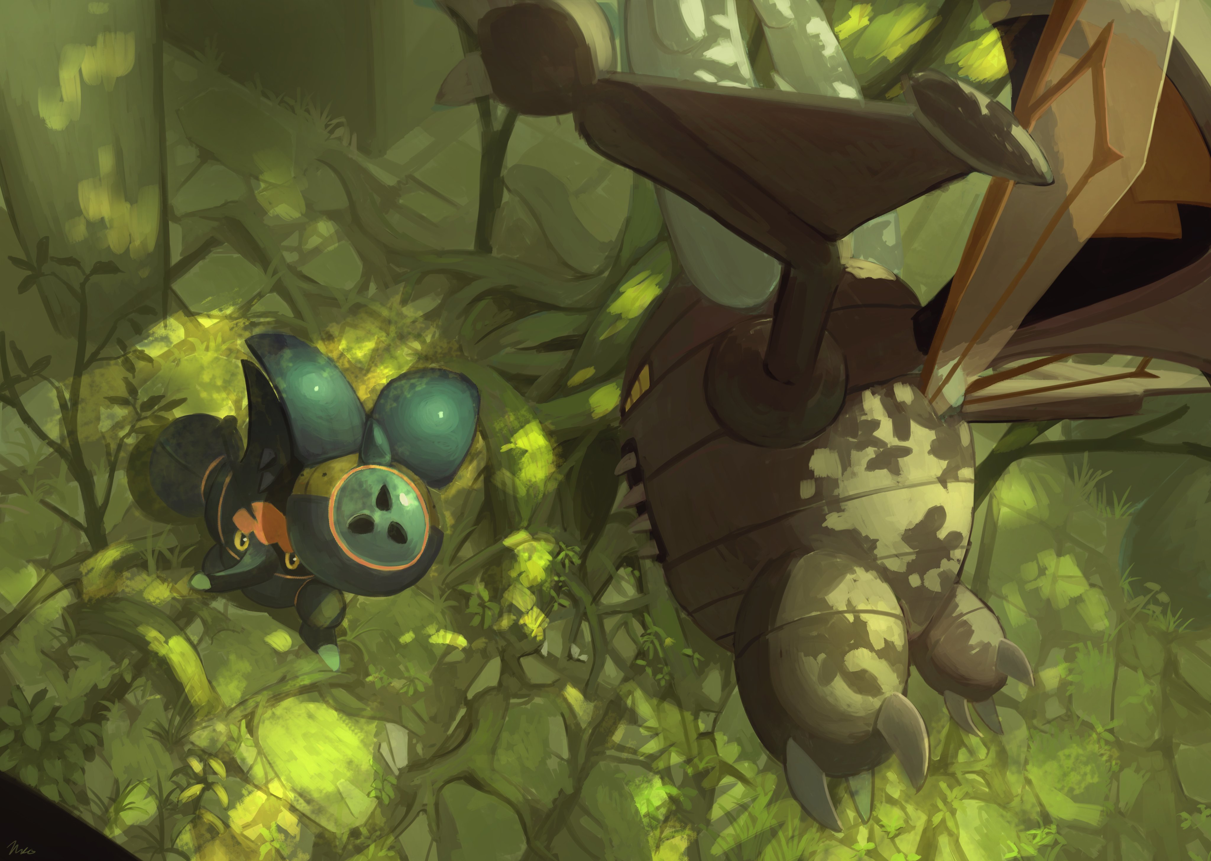 king joe (neoroto), heracross, mega heracross, mega pinsir, pinsir, nintendo, pokemon, absurdres, commentary request, highres, claws, day, flying, forest, from above, gen 1 pokemon, gen 2 pokemon, looking up, mega pokemon, nature, no humans, outdoors, plant roots, pokemon (creature), pokemon focus, shadow, standing, tree, yellow eyes, yellow pupils