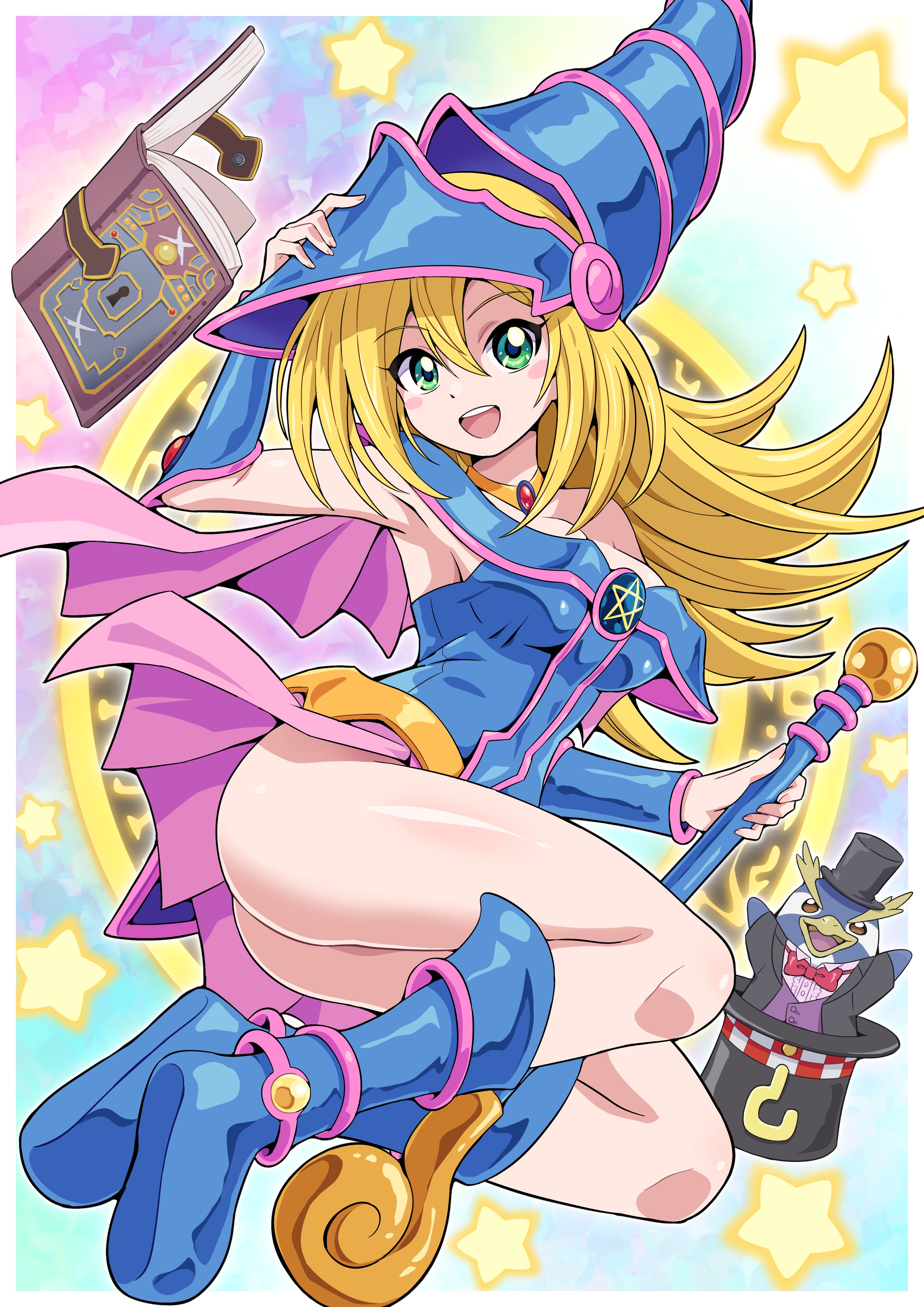 pokemoa, dark magician girl, magical hats (yu-gi-oh!), nightmare penguin, yu-gi-oh!, absurdres, commentary request, commission, highres, skeb commission, 1girl, arm up, armpits, ass, bird, blonde hair, blue boots, blue dress, blue hat, book, boots, breasts, dress, duel monster, green eyes, hand on headwear, hat, long hair, magic formula (yu-gi-oh!), open mouth, penguin, pink skirt, short dress, showgirl skirt, skirt, smile, thighs, top hat, wand, wizard hat