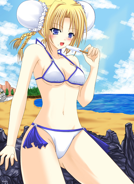 shirong, yuuran, bad id, bad pixiv id, 1girl, beach, bikini, blonde hair, braid, bun cover, day, double bun, female focus, food, hair bun, outdoors, popsicle, solo, swimsuit, twin braids, white bikini