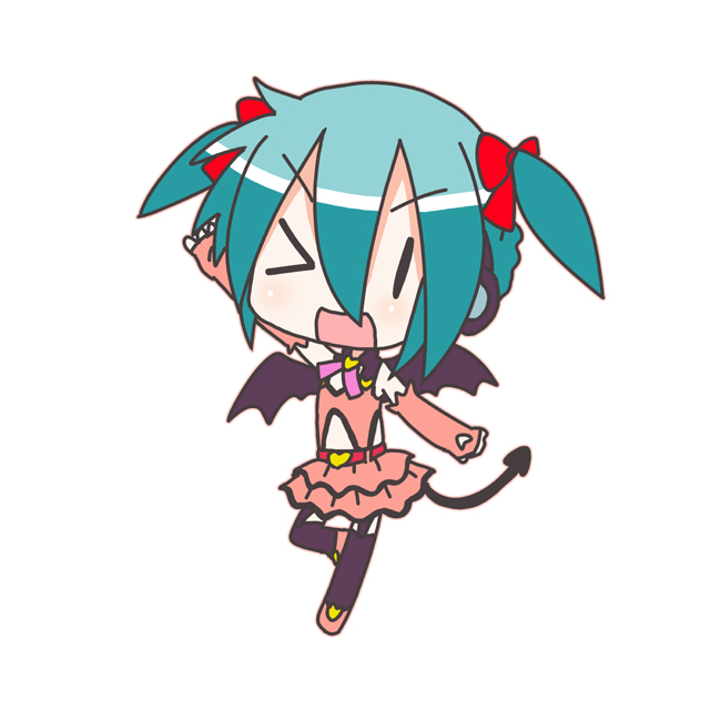 minami (colorful palette), chibi miku, hatsune miku, hatsune miku (heart hunter), heart hunter, project diva, project diva (series), vocaloid, 1girl, alternate hair length, alternate hairstyle, aqua hair, bat wings, chibi, demon girl, demon tail, female focus, hair ribbon, headphones, ribbon, short hair, simple background, skirt, solo, tail, twintails, wings