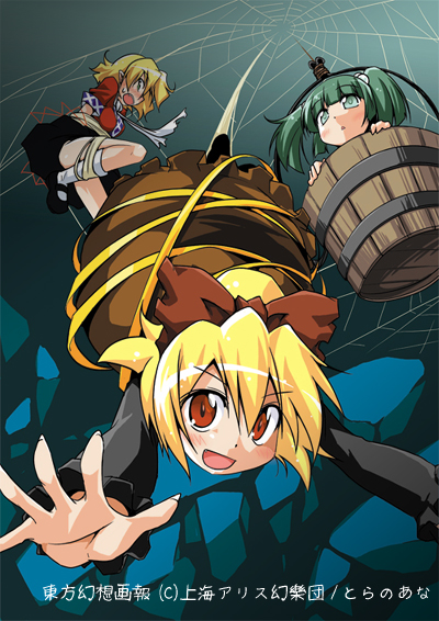 nino (artist), nino (ninouchi irazu), kisume, kurodani yamame, mizuhashi parsee, touhou, 3girls, blonde hair, brown eyes, bucket, female focus, green eyes, green hair, in bucket, in container, multiple girls, perspective, pointy ears, scarf, short hair, silk, spider web, twintails