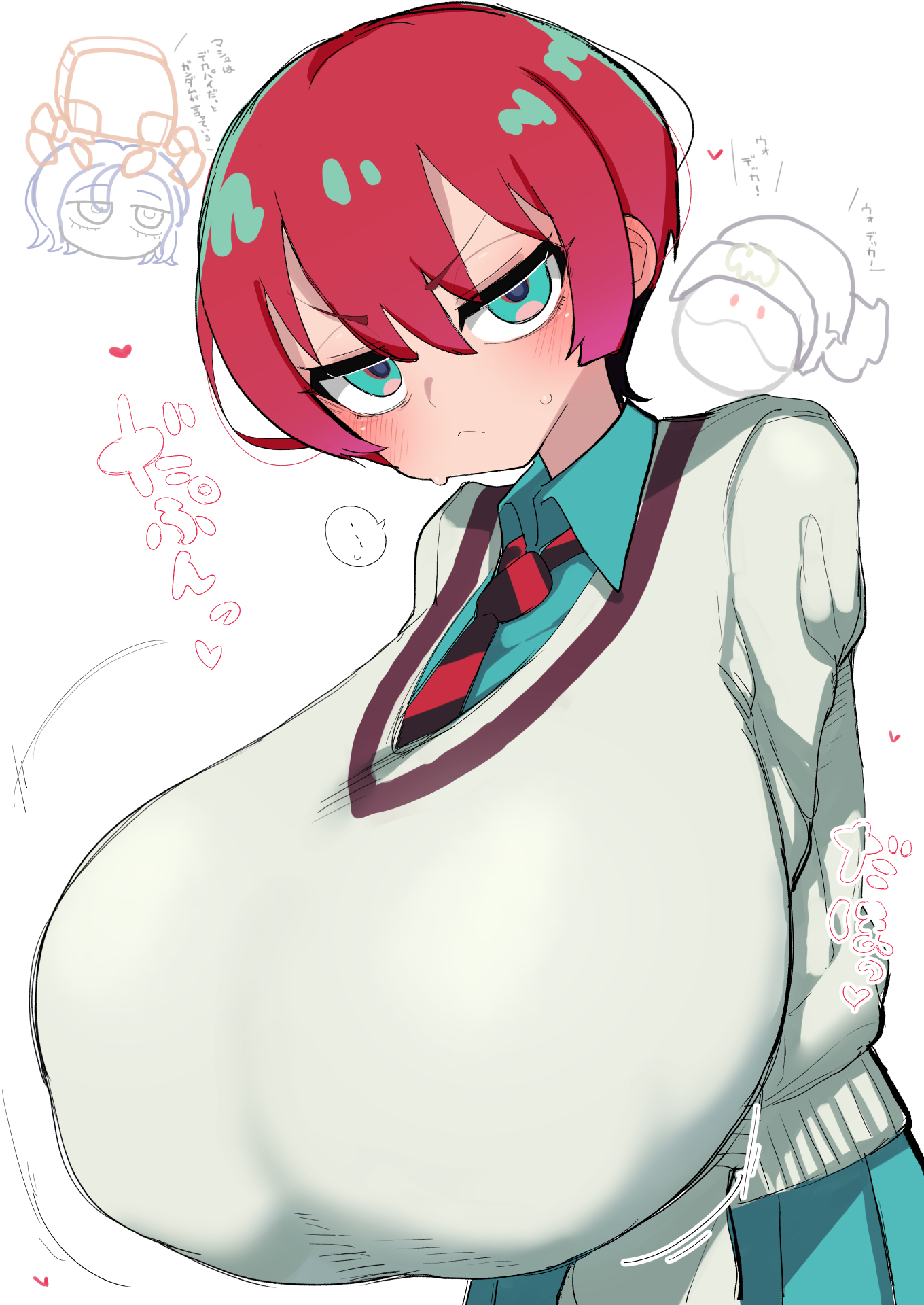 sintaro okabe, amate yuzuriha, haro, shuji ito, gundam, gundam gquuuuuux, highres, tagme, alternate breast size (larger), aqua eyes, aqua shirt, aqua skirt, breast expansion, breasts, covered erect nipples, gigantic breasts, jitome, large breasts, red hair, shirt, skirt, sweater