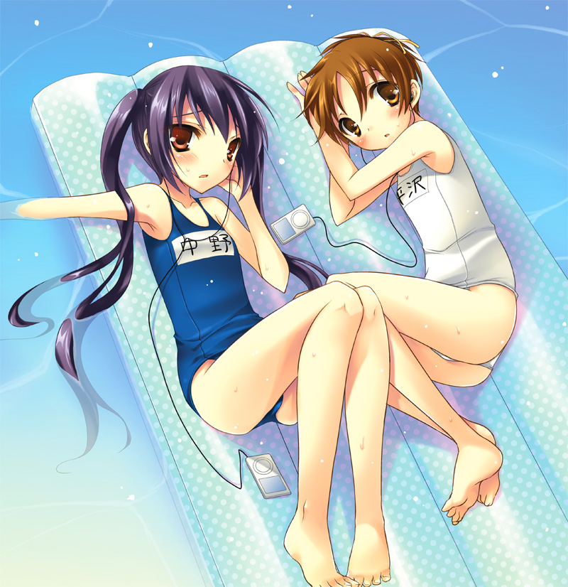 mitsuki tsumi, hirasawa ui, nakano azusa, k-on!, bad id, bad pixiv id, 00s, 2girls, barefoot, black hair, brown eyes, brown hair, digital media player, earphones, feet, flat chest, inflatable raft, ipod, ipod nano, ipod nano 2g, long legs, lying, multiple girls, one-piece swimsuit, school swimsuit, short hair, swimsuit, twintails, white one-piece swimsuit, white school swimsuit