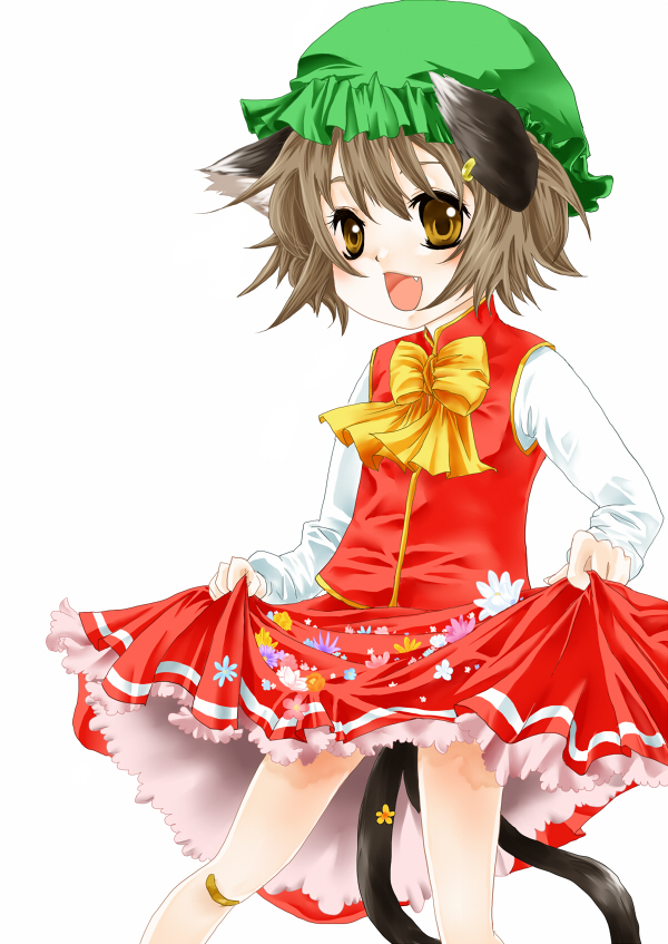 furoya, chen, touhou, 1girl, animal ears, bandaid, bandaid on knee, bandaid on leg, brown eyes, brown hair, cat ears, cat girl, cat tail, earrings, fang, female focus, flower, hat, jewelry, multiple tails, short hair, simple background, skirt basket, skirt hold, solo, tail, white background