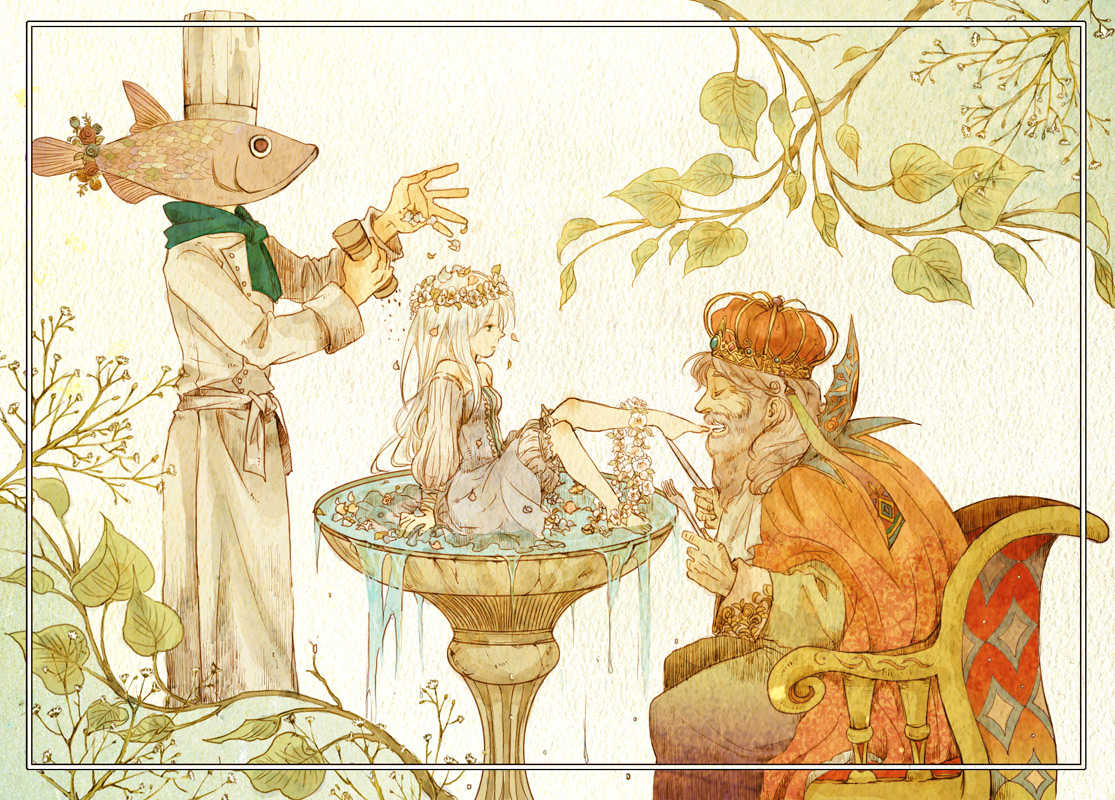 yoki (artist), original, 1girl, 2boys, barefoot, cannibalism, child, eating, fantasy, feet, fish, head wreath, leaf, multiple boys, toes, water