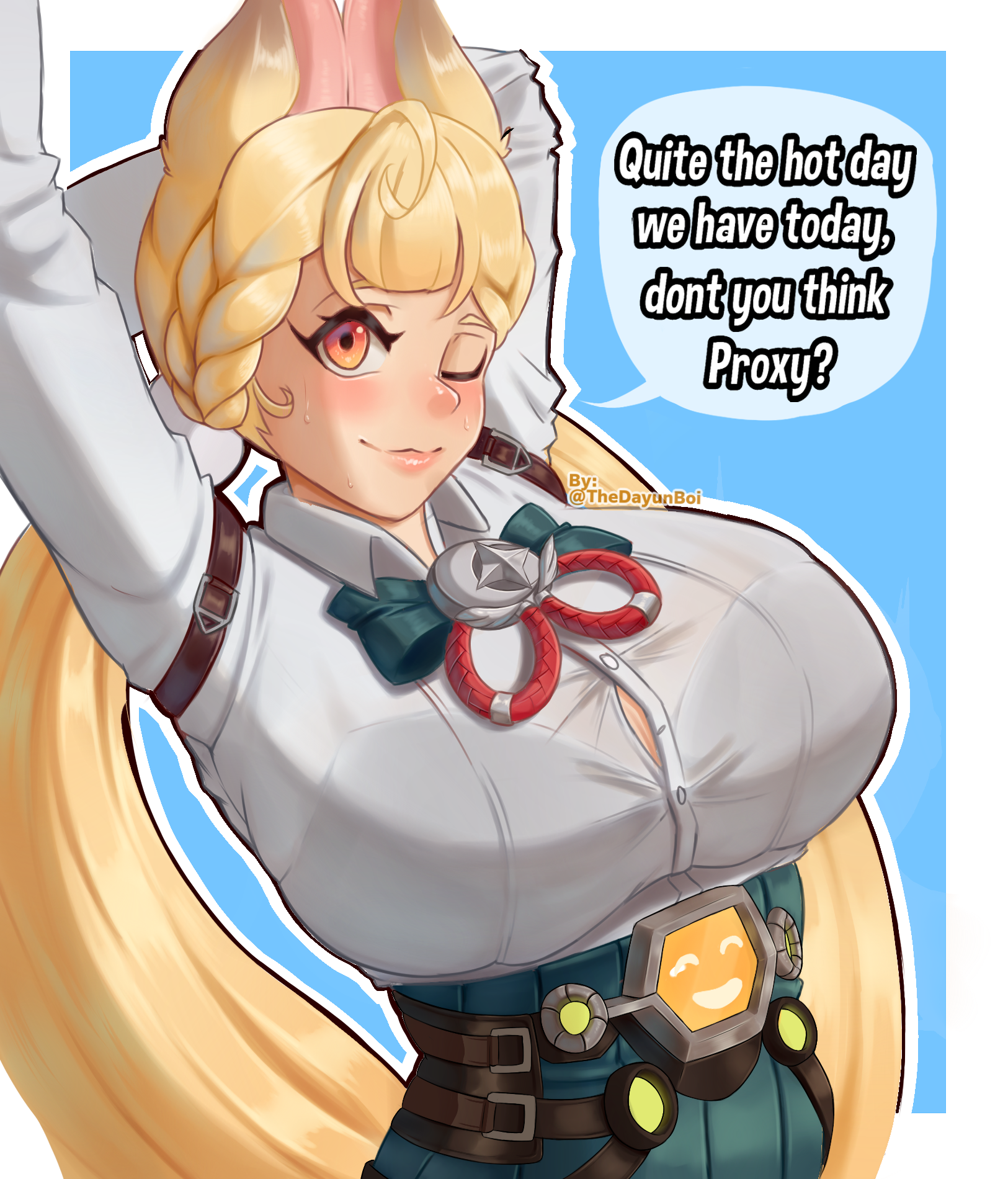 alice thymefield, zenless zone zero, commentary, english commentary, highres, 1girl, ahoge, alternate breast size (larger), animal ears, arm behind head, arms up, belt, belt buckle, black bra, blonde hair, blue background, blush, border, bow, bowtie, bra, bra visible through clothes, braid, braided bangs, breasts, brown belt, buckle, button gap, buttons, cleavage, closed mouth, collared shirt, green bow, green bowtie, green skirt, hair ornament, high-waist skirt, huge breasts, long hair, long sleeves, looking at viewer, low twintails, one eye closed, orange eyes, outline, outside border, outstretched arm, pleated skirt, rabbit ears, rabbit girl, shirt, shirt tucked in, simple background, skirt, sleeve belt, smile, solo, speech bubble, sphere hair ornament, stretching, sweat, thedayunboi, twintails, twitter username, underwear, upper body, very long hair, white border, white outline, white shirt