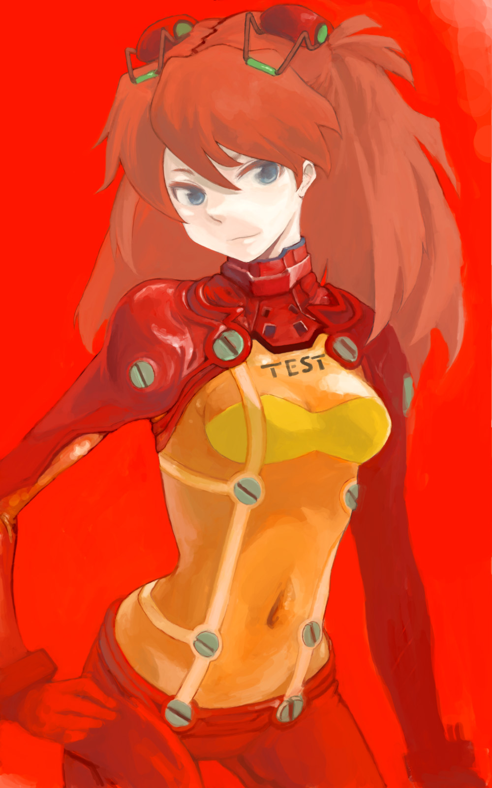 mo-mo-ride, souryuu asuka langley, neon genesis evangelion, rebuild of evangelion, bad id, bad pixiv id, highres, 00s, 1girl, blue eyes, bodysuit, breasts, cleavage, female focus, hand on own hip, hip focus, long hair, mecha pilot suit, navel, plugsuit (evangelion), red hair, red theme, see-through cleavage, see-through clothes, simple background, solo, test plugsuit (evangelion), twintails