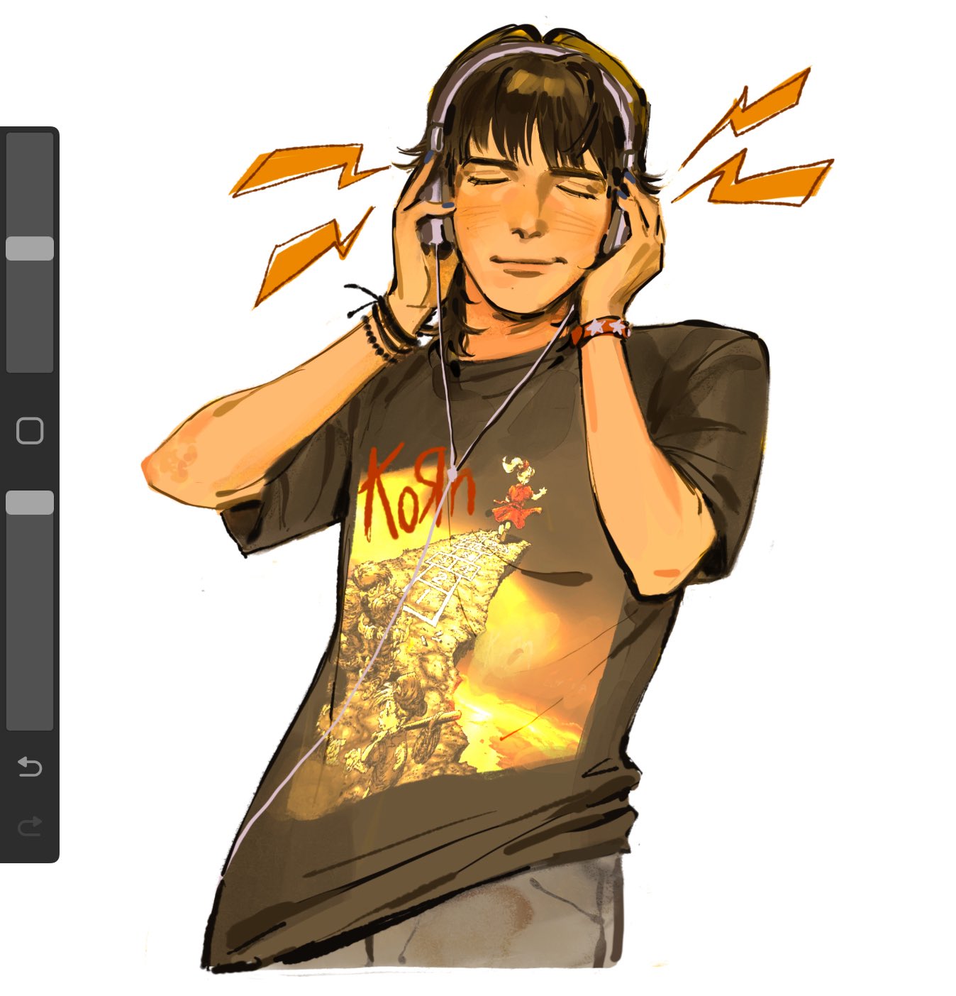 kunnuscumnus, korn (band), real life, highres, procreate (medium), 1girl, art program in frame, band shirt, bead bracelet, beads, black shirt, blue nails, bracelet, choppy bangs, closed eyes, cowboy shot, cropped legs, denim, grey pants, hands on headphones, headphones, jeans, jewelry, light smile, lightning bolt symbol, merchandise, multiple bracelets, pants, procreate (software), self-portrait, shirt, simple background, t-shirt, white background, wolf cut