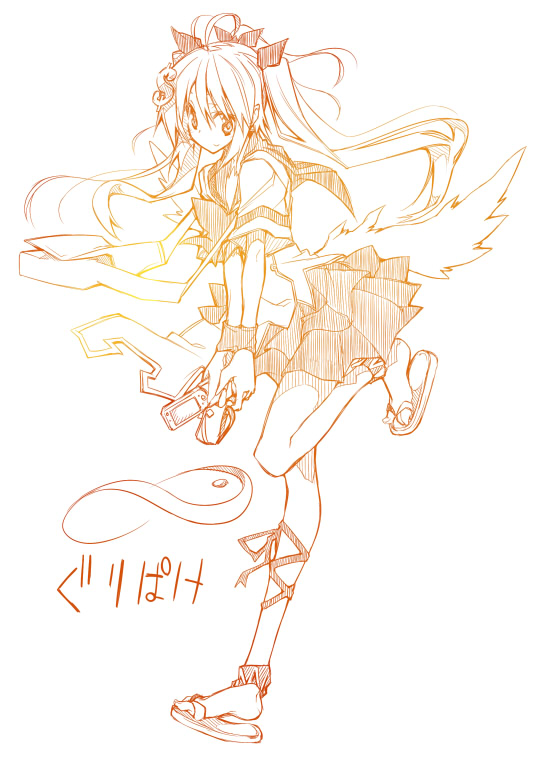 10mo, 1girl, bag, female focus, monochrome, orange theme, sandals, school bag, school uniform, serafuku, solo