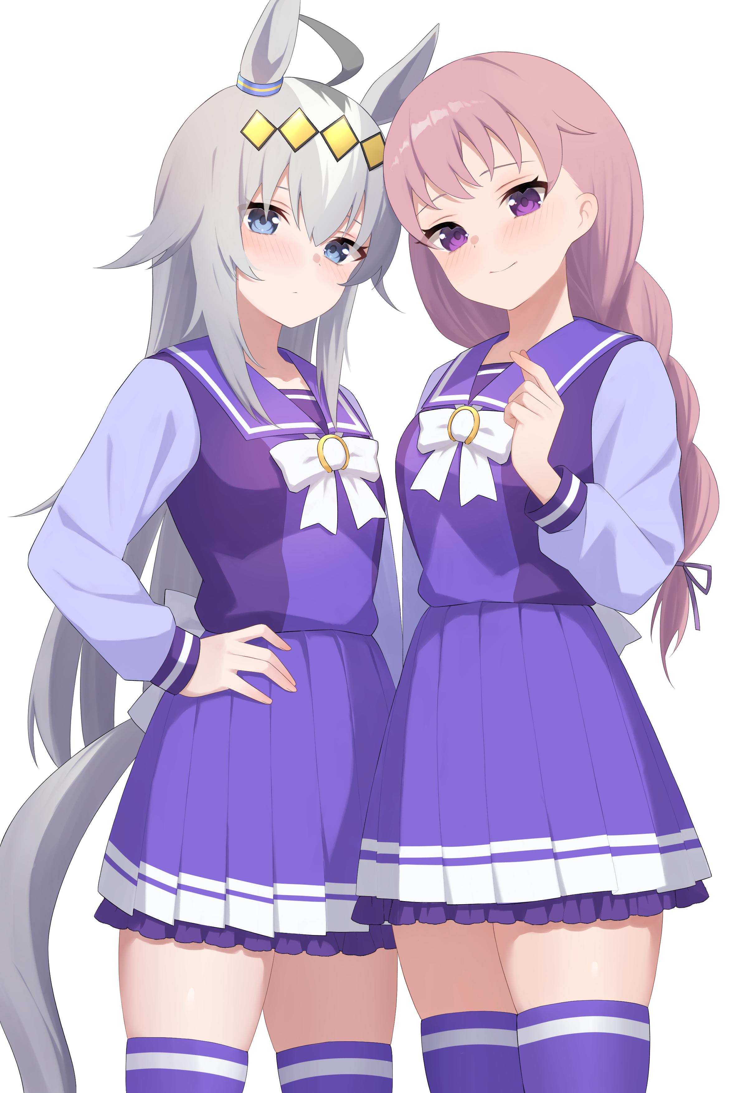 astroglia cyte, oguri cap (umamusume), umamusume, absurdres, character request, commission, highres, skeb commission, 2girls, ahoge, animal ears, blue eyes, blush, braid, braided ponytail, closed mouth, grey hair, horse ears, horse girl, horse tail, long hair, long sleeves, looking at viewer, multiple girls, pink hair, pleated skirt, purple eyes, purple skirt, school uniform, skirt, tail, thighhighs, tracen school uniform, zettai ryouiki