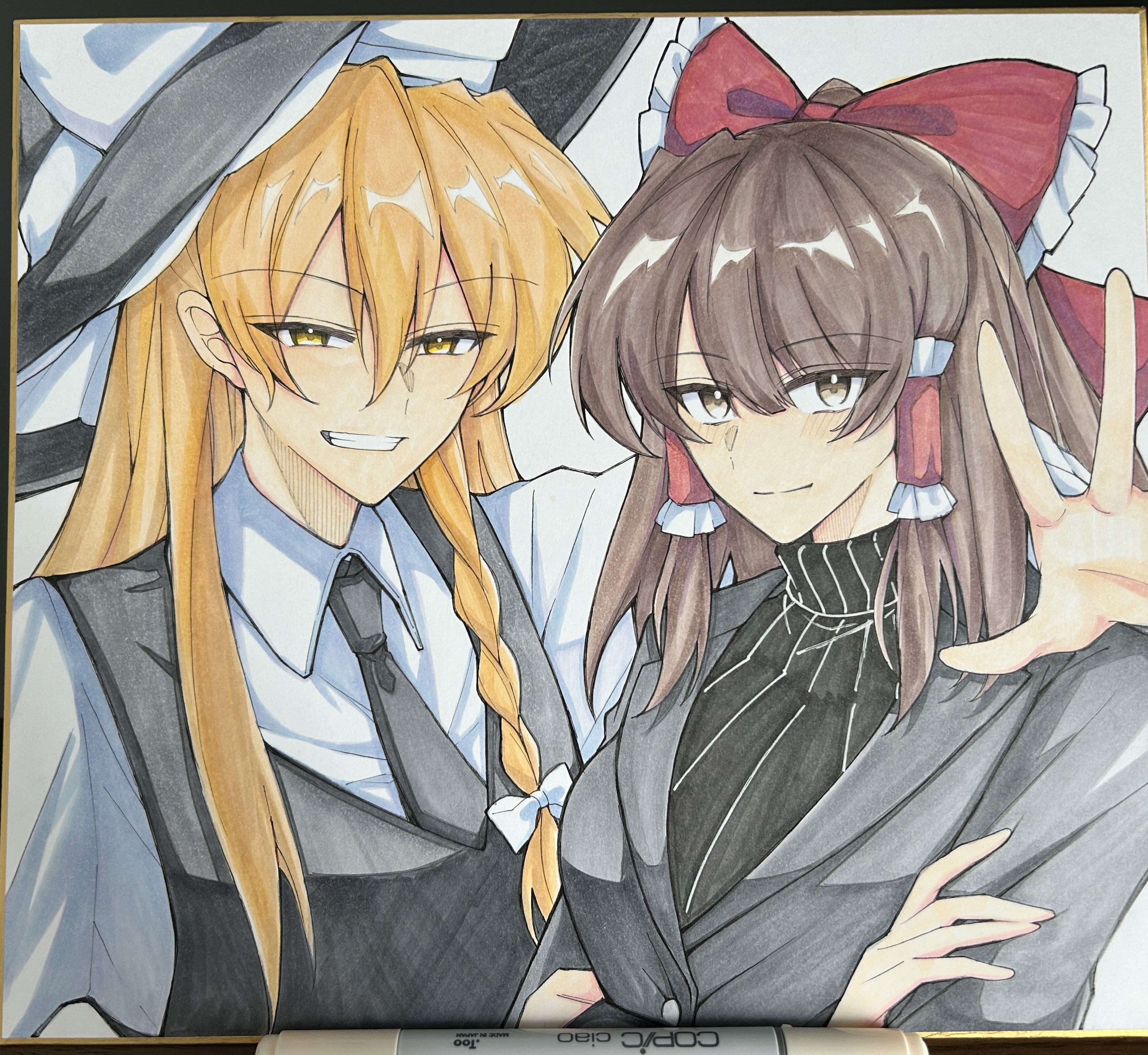 fuko (fukkofuko), hakurei reimu, kirisame marisa, touhou, absurdres, highres, traditional media, 2girls, alternate costume, black hat, black necktie, black sweater, black vest, blonde hair, bow, braid, brown eyes, brown hair, crossed arms, frilled bow, frilled hair tubes, frilled hat, frills, hair bow, hair tubes, hat, hat ribbon, jacket, multiple girls, necktie, red bow, ribbon, shirt, side braid, single braid, suit jacket, sweater, turtleneck, turtleneck sweater, vest, white bow, white shirt, witch hat, yellow eyes