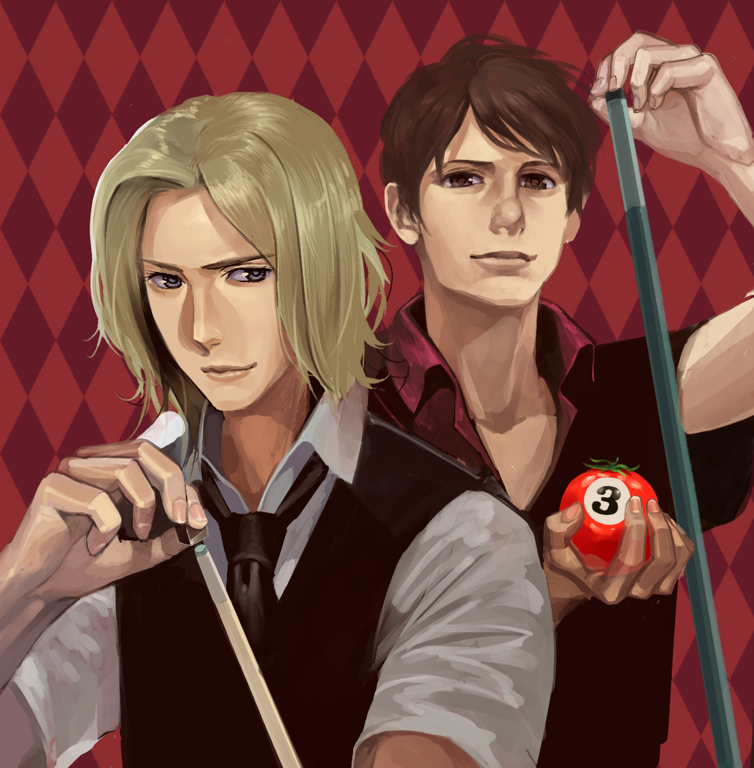 kaiseki, france (hetalia), spain (hetalia), axis powers hetalia, power, 00s, 2boys, argyle background, argyle clothes, ball, billiard ball, billiards, blonde hair, brown hair, cue stick, holding, holding cue stick, male focus, multiple boys, realistic, red background, short hair, tomato, upper body