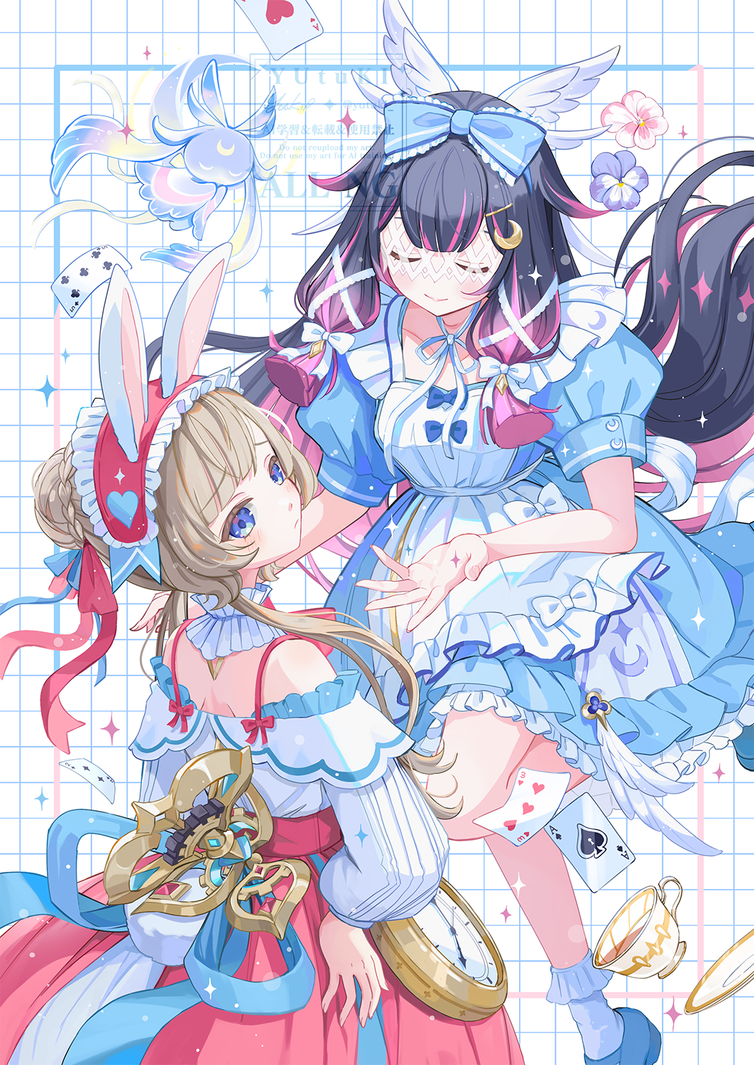 yutukicom, columbina (genshin impact), sandrone (genshin impact), alice's adventures in wonderland, genshin impact, commentary request, highres, 1other, 2girls, alternate costume, angel wings, animal ear hairband, animal ears, apron, aqua bow, aqua dress, blue eyes, blush, bow, braid, brown hair, bun with braided base, card, closed eyes, closed mouth, collarbone, crescent, crescent hair ornament, cup, dress, fake animal ears, feathered wings, frilled apron, frills, hair bun, hair ornament, hair ribbon, hairband, hand on own hip, head wings, long sidelocks, luonnotar (genshin impact), multiple girls, multiple wings, plate, puffy short sleeves, puffy sleeves, ribbon, short sleeves, sidelocks, smile, teacup, watch, white apron, white dress, white ribbon, white wings, wings