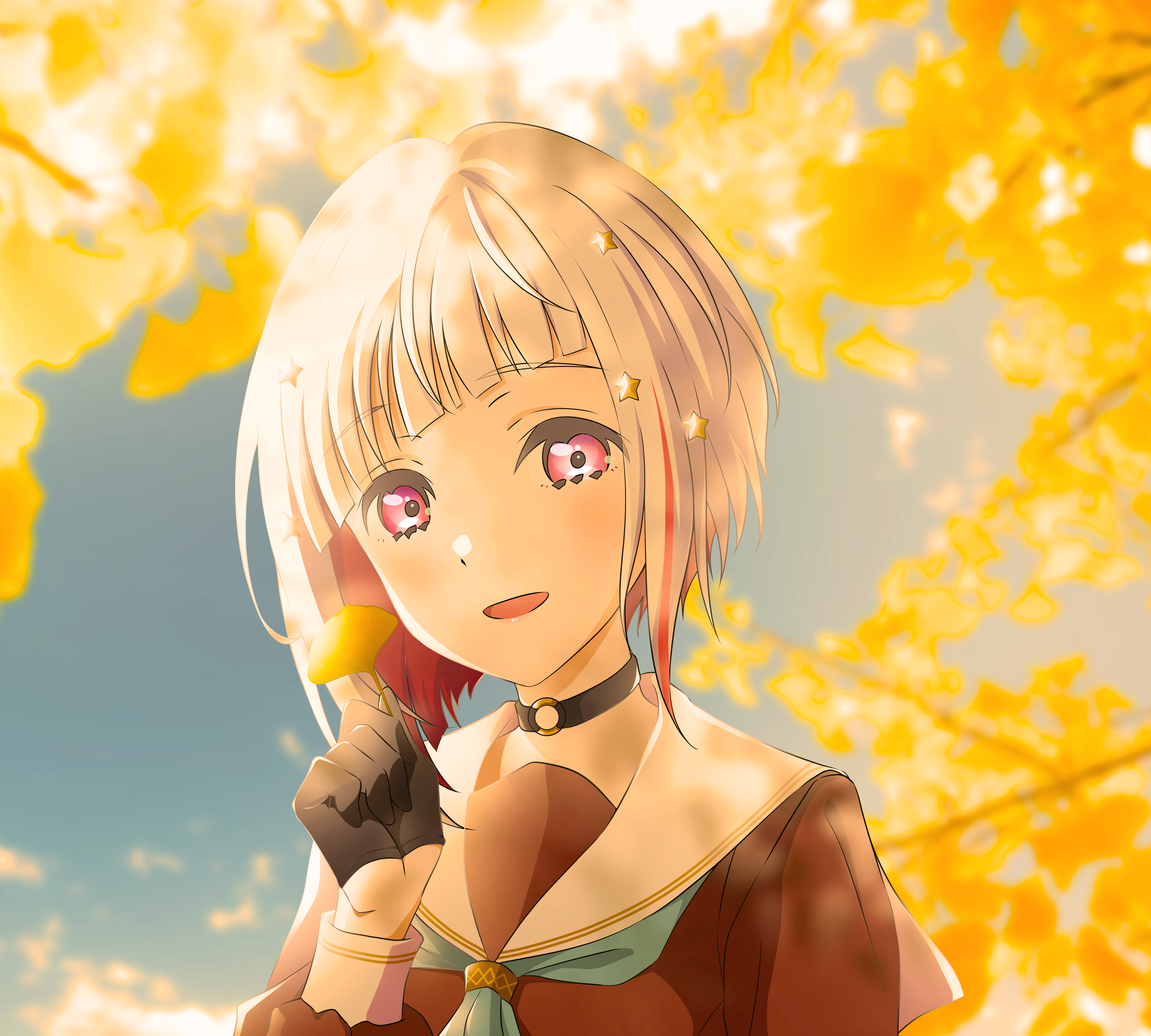 kujo awenn, yugiri tsuzuri, link! like! love live!, love live!, absurdres, commentary, highres, 1girl, :d, aqua neckerchief, autumn leaves, black choker, blurry, blurry background, bob cut, brown dress, choker, colored inner hair, diagonal bangs, dress, hair ornament, hasu no sora school uniform, inverted bob, leaf, long sleeves, looking at viewer, multicolored hair, neckerchief, o-ring, o-ring choker, open mouth, pink eyes, portrait, red hair, sailor collar, sailor dress, school uniform, smile, solo, star (symbol), star hair ornament, streaked hair, virtual youtuber, white hair, white sailor collar, winter uniform