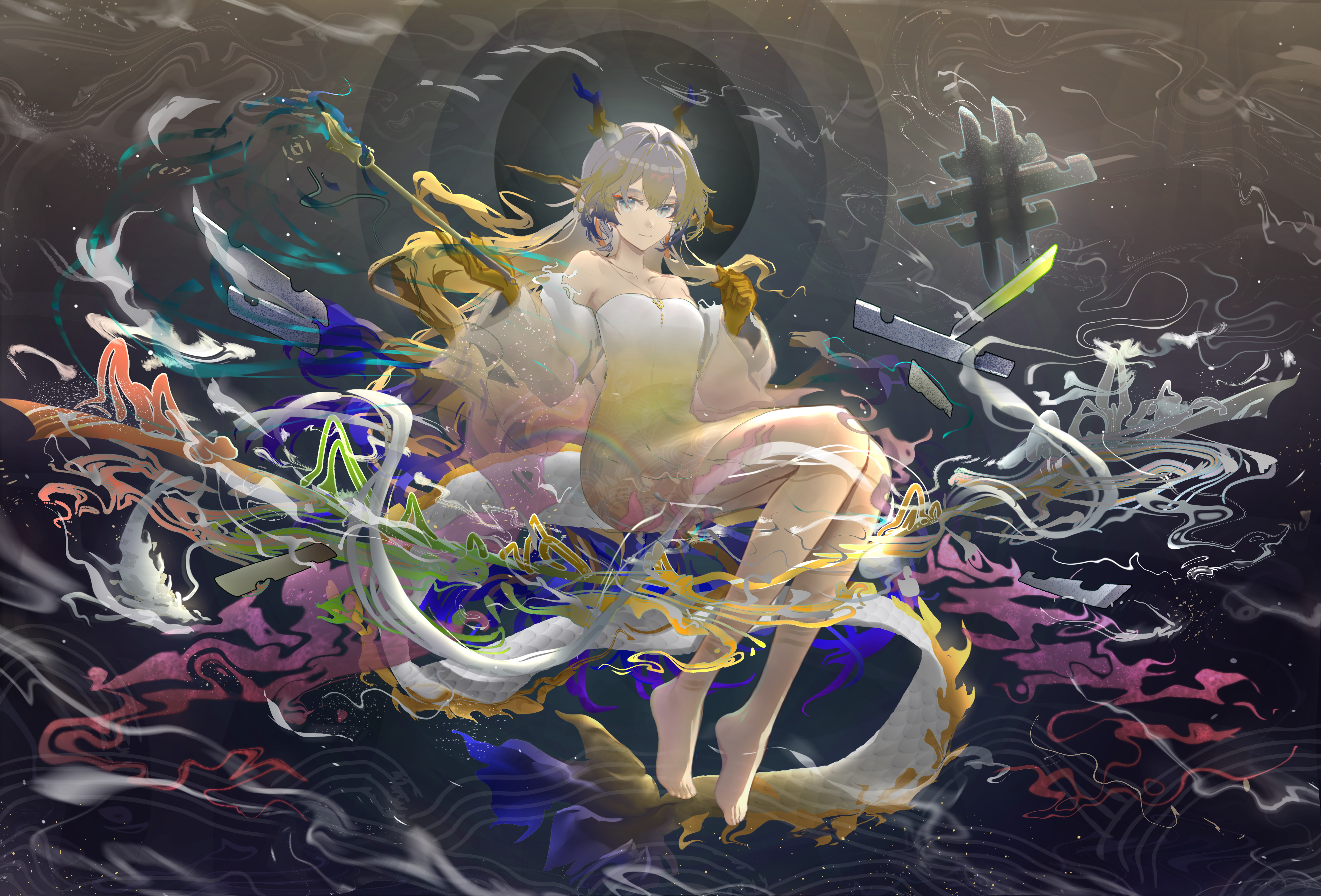 wangzili shitoumen, shu (arknights), arknights, absurdres, highres, 1girl, bare legs, bare shoulders, barefoot, blonde hair, blue hair, breasts, chinese clothes, cleavage, closed mouth, collarbone, dragon girl, dragon horns, dragon tail, dress, earrings, eastern dragon horns, eastern dragon tail, green eyes, hair intakes, hanfu, holding, horns, jewelry, medium breasts, multicolored hair, pointy ears, smile, strapless, strapless dress, tail, tassel, tassel earrings, thighs, white dress, white hair