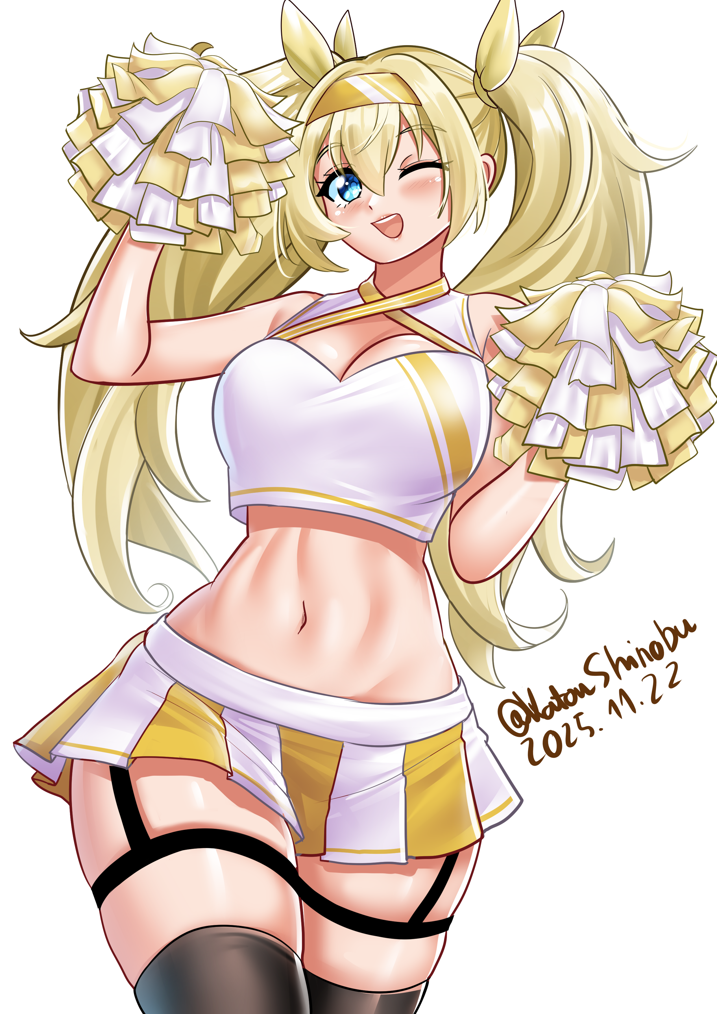 katou shinobu, gambier bay (kancolle), kantai collection, absurdres, commentary, english commentary, highres, 1girl, alternate costume, bare shoulders, blonde hair, blue eyes, blush, breasts, cheerleader, crop top, hair between eyes, hairband, high side ponytail, holding, holding pom poms, large breasts, long hair, looking at viewer, midriff, miniskirt, navel, one eye closed, open mouth, pleated skirt, pom pom (cheerleading), pom poms, shirt, simple background, skirt, sleeveless, sleeveless shirt, smile, solo, twintails, white background, white skirt