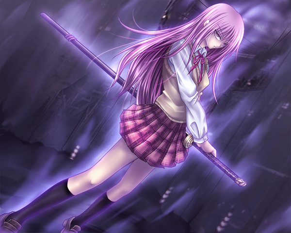 klenow, miyazaki miyako, tamamura tamao, bamboo blade, shaman king, 00s, 1girl, aura, female focus, katana, kneehighs, long hair, pink eyes, pink hair, pleated skirt, school uniform, skirt, socks, solo, sword, weapon