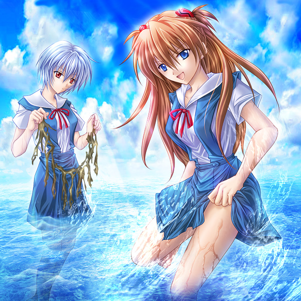 klenow, ayanami rei, souryuu asuka langley, neon genesis evangelion, bad id, bad pixiv id, 2girls, blue eyes, blue hair, cloud, day, long hair, multiple girls, outdoors, red eyes, red hair, school uniform, seaweed, short hair, sky, water, wet, wet clothes