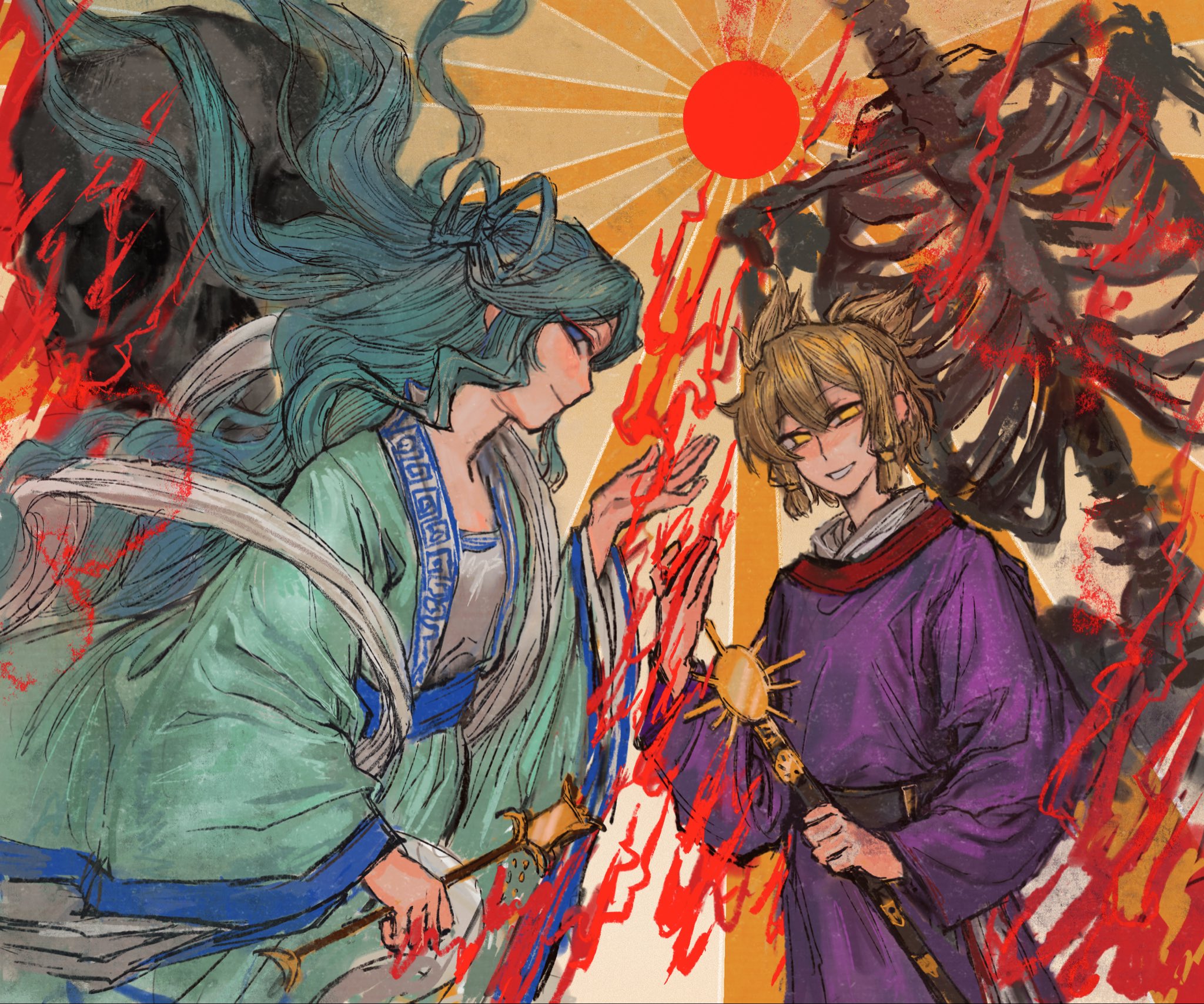 kaku seiga, toyosatomimi no miko, touhou, highres, 2girls, aqua dress, brown hair, dress, hair ornament, hair rings, hair stick, holding, holding sword, holding weapon, jewelry, light rays, looking at viewer, multiple girls, pointy hair, purple dress, short hair, smile, sunbeam, sunlight, sword, taki000626, weapon