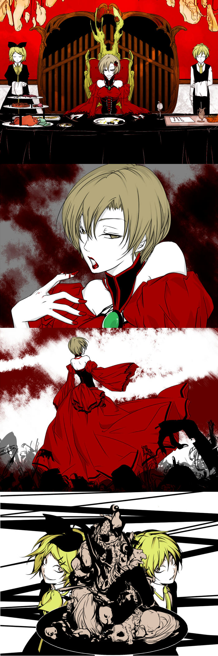 ichi ka, arte (evillious nendaiki), banica conchita, kagamine len, kagamine rin, meiko (vocaloid), pollo (evillious nendaiki), akujiki musume conchita (vocaloid), evillious nendaiki, vocaloid, highres, long image, official art, tall image, 1boy, 2girls, blonde hair, blood, bow, brown hair, chair, dinner, dress, flower, food, goth fashion, guro, injury, lipstick, makeup, multiple girls, necktie, red theme, rose, severed limb, short hair, siblings, twins