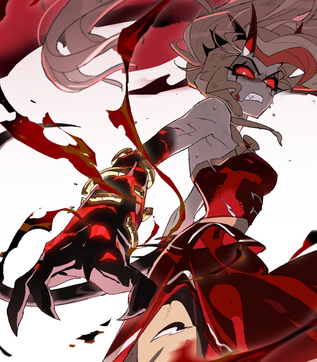 bilidongdong, charlie morningstar, hazbin hotel, hellaverse, highres, 1girl, angry, bare shoulders, blonde hair, breasts, claws, clenched teeth, colored sclera, cowboy shot, demon girl, demon horns, dress, fang, horns, long hair, looking at viewer, looking to the side, medium breasts, ponytail, red dress, red eyes, red sclera, simple background, solo, teeth, white background, white eyes