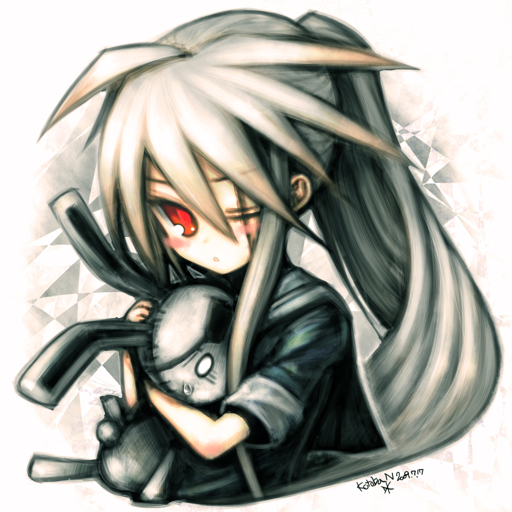 kotoba noriaki, hatamoto (kotoba), hinomaru (kotoba), original, silver hair, 1girl, eyepatch, female focus, long hair, missing eye, nichi no maru, ponytail, red eyes, scar, sleeves rolled up, solo, stuffed animal, stuffed rabbit, stuffed toy, sweatdrop