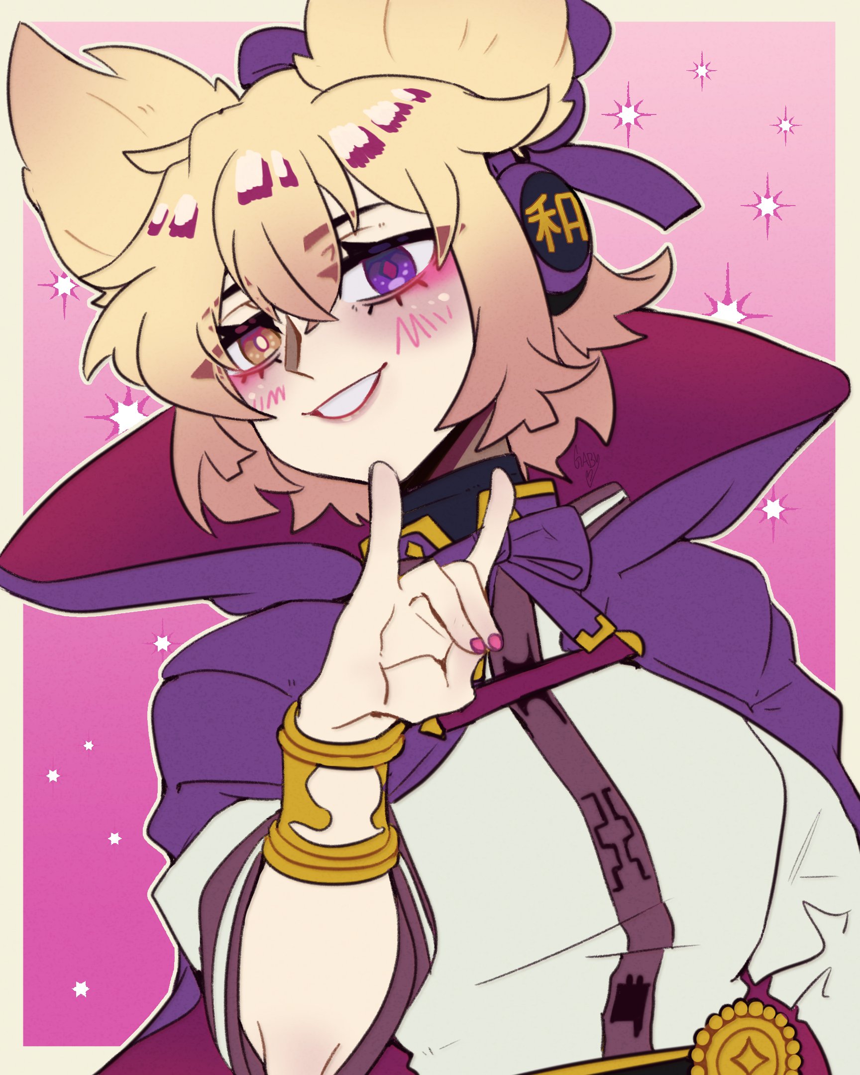 rinnytanart, toyosatomimi no miko, touhou, highres, 1girl, bracelet, brown hair, earmuffs, fox shadow puppet, heterochromia, jewelry, looking at viewer, pointy hair, purple eyes, shirt, short hair, sleeveless, smile, solo, yellow eyes