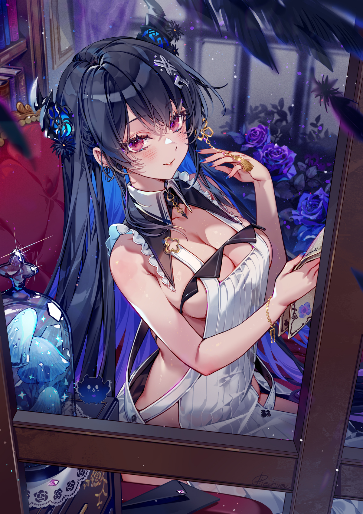 hieihirai, jailbird (nerissa ravencroft), nerissa ravencroft, hololive, hololive english, commentary, english commentary, highres, 1girl, asymmetrical horns, black hair, blue hair, bracelet, breasts, bug, butterfly, cleavage, colored inner hair, flower, flower knot, fortissimo, hair ornament, hands up, holding, holding letter, horn flower, horns, indoors, insect, jewelry, large breasts, letter, long hair, looking at viewer, mole, mole under eye, multicolored hair, musical note, musical note hair ornament, naked overalls, overalls, parted lips, purple eyes, sideboob, sidelocks, sitting, solo, straight hair, tassel, tassel hair ornament, uneven horns, very long hair, virtual youtuber, white overalls, window