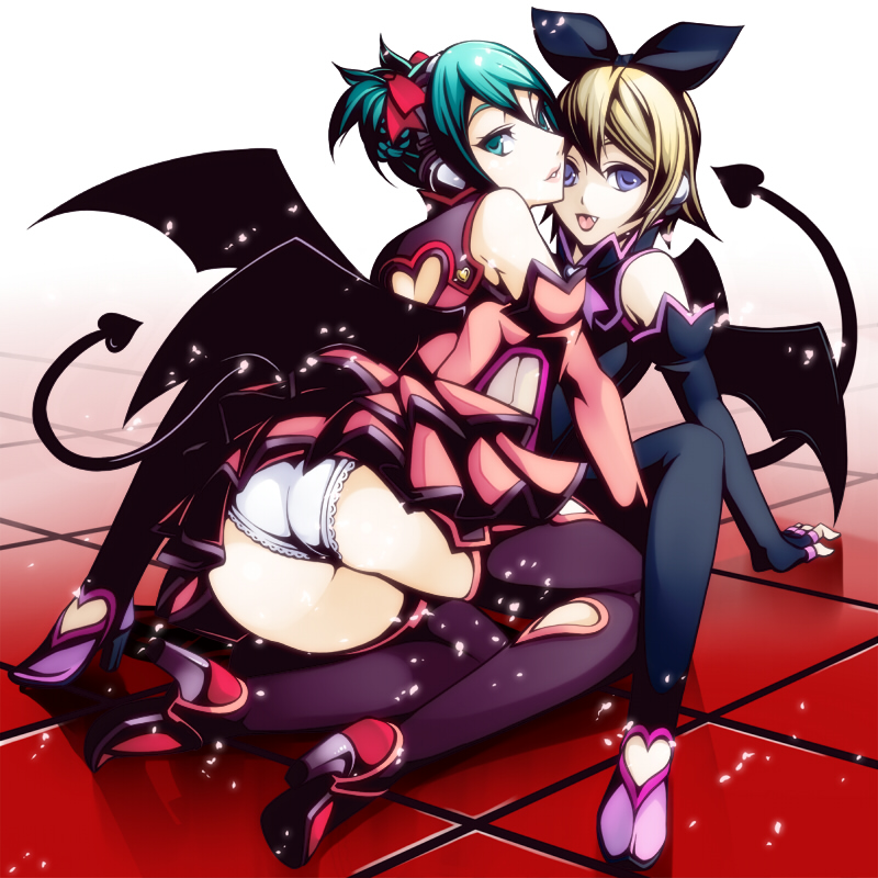 torigoe takumi, hatsune miku, hatsune miku (heart hunter), kagamine rin, heart hunter, project diva, project diva (series), vocaloid, 2girls, aqua hair, ass, cleavage cutout, clothing cutout, headphones, heart, heart cutout, legs, lips, multiple girls, panties, tail, tongue, underwear, wings