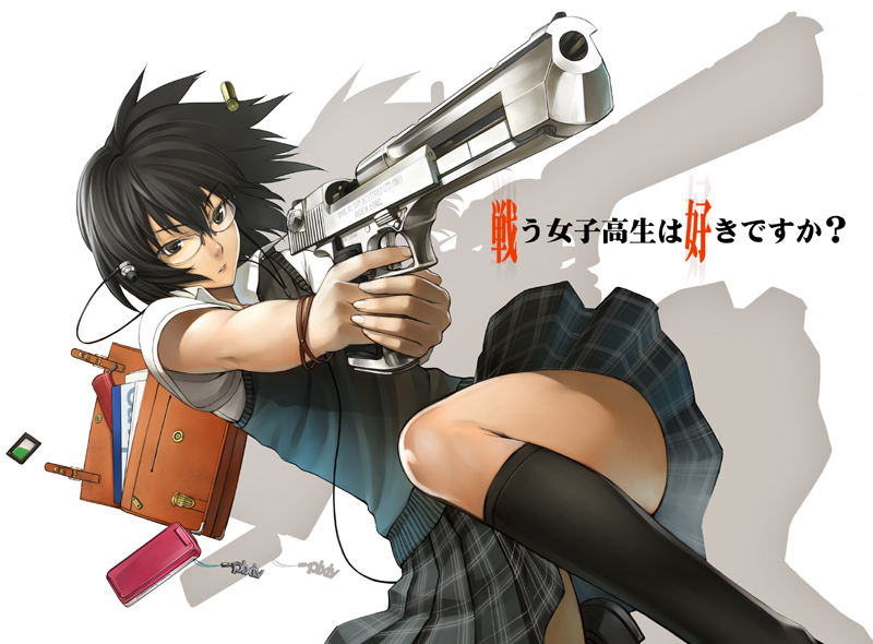 kurojishi, original, bad id, bad pixiv id, translated, 1girl, black eyes, black hair, black socks, bracelet, casing ejection, cellphone, cellphone charm, cellphone strap, charm (object), desert eagle, dutch angle, earbuds, earphones, female focus, glasses, gun, handgun, jewelry, kneehighs, phone, pistol, plaid clothes, plaid skirt, pleated skirt, school uniform, shell casing, short hair, skirt, socks, solo, sweater vest, weapon