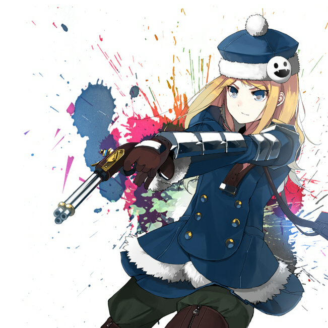 sasamori tomoe, gunner (sekaiju), gunner 2 (sekaiju), jack frost (megami tensei), atlus, etrian odyssey, bad id, bad pixiv id, 1girl, blonde hair, blue eyes, coat, female focus, gloves, gun, hat, solo, weapon