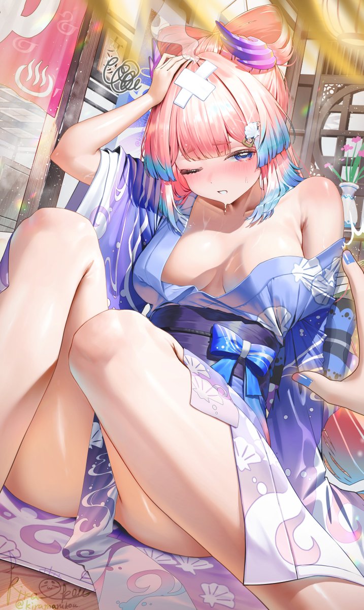 kiramarukou, sangonomiya kokomi, genshin impact, 1girl, 1other, alternate costume, blue hair, blue kimono, bow-shaped hair, breasts, colored tips, hand on own head, indoors, japanese clothes, kimono, knees up, large breasts, long hair, multicolored hair, one eye closed, pink hair, sidelocks, single bare shoulder, solo focus, squiggle, yukata