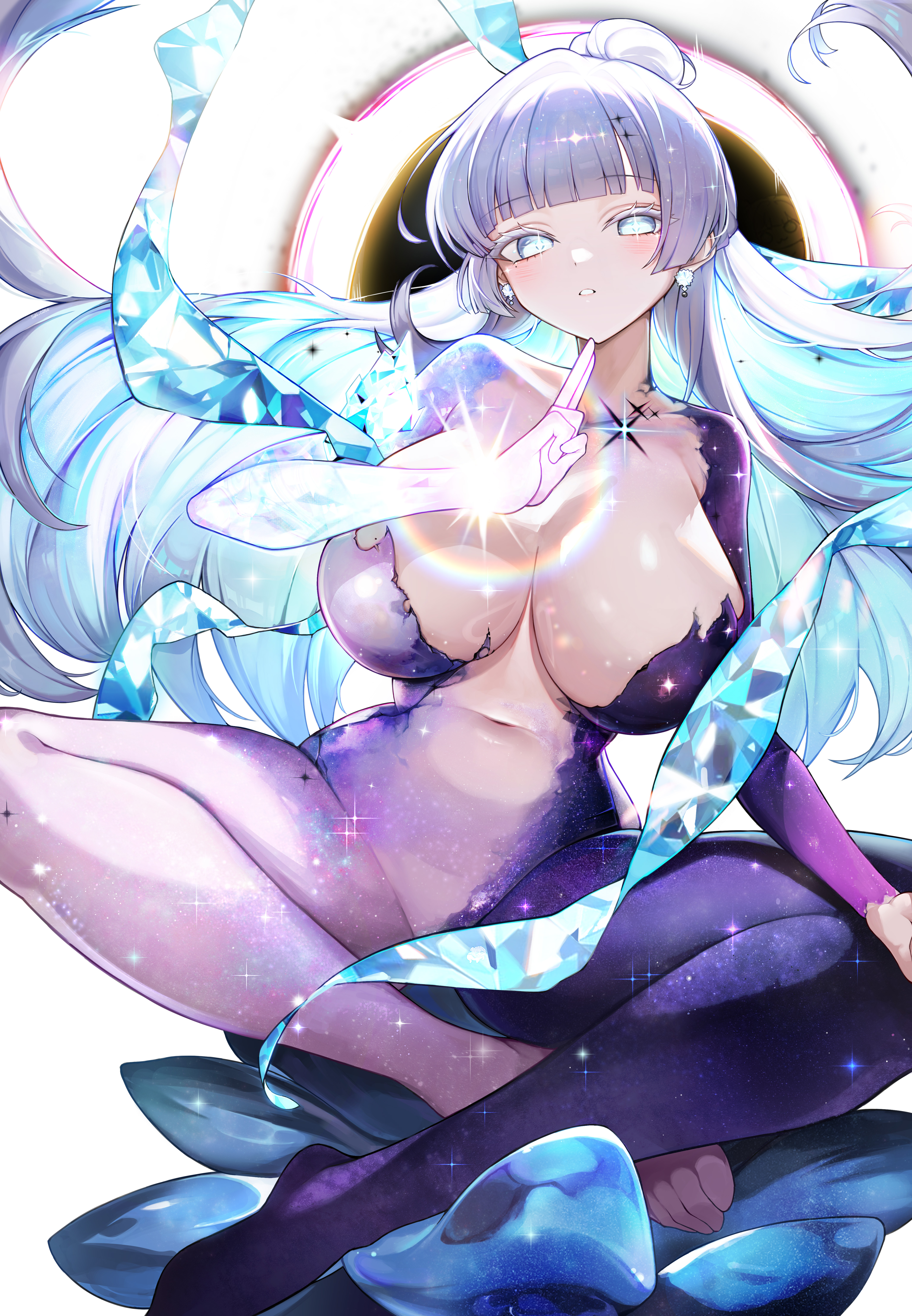 sun 0205, nayuta (nikke), nayuta (wu wei) (nikke), goddess of victory: nikke, absurdres, commentary, highres, 1girl, alternate breast size (larger), blue eyes, blue hair, bodysuit, breasts, colored eyelashes, colored inner hair, earrings, huge breasts, indian style, jewelry, long hair, multicolored bodysuit, multicolored hair, navel, official alternate costume, parted lips, sitting, solo, space skin, split-color clothes, two-tone bodysuit, two-tone hair, unusually open eyes, very long hair, white eyelashes, white hair