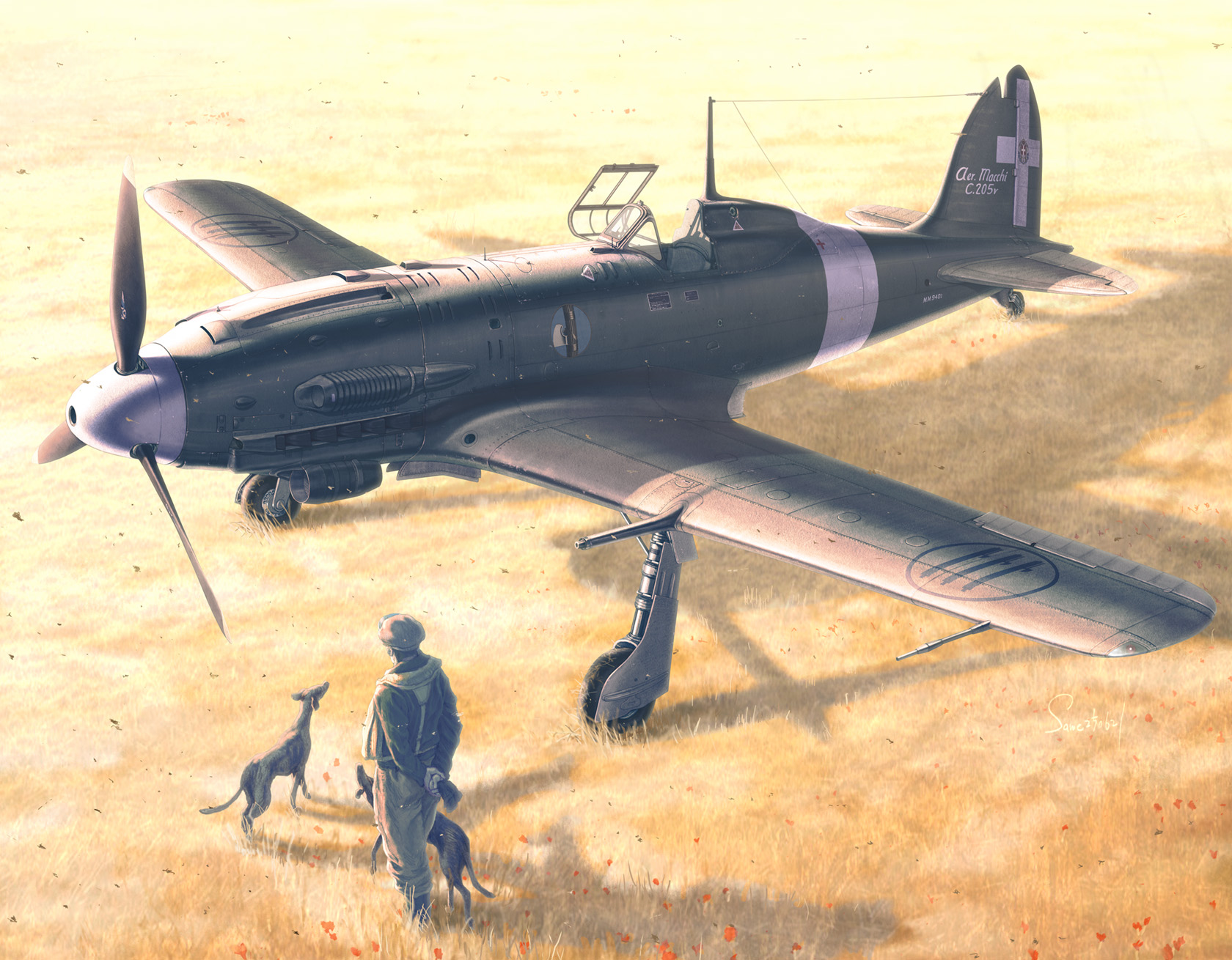 same (carcharodon), original, commentary request, highres, 1boy, aircraft, airplane, arms behind back, dog, gloves, holding, holding unworn clothes, italian air force, military, military vehicle, open cockpit, propeller, propeller fighter, reggiane re.2005, roundel, unworn gloves, vehicle focus, world war ii