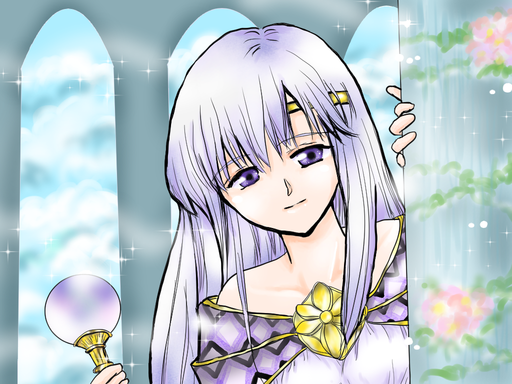 julia (fire emblem), fire emblem, fire emblem: genealogy of the holy war, nintendo, 1girl, bare shoulders, breasts, circlet, dress, holding, holding staff, medium breasts, mokomokosnow, purple eyes, purple hair, smile, solo, staff, upper body