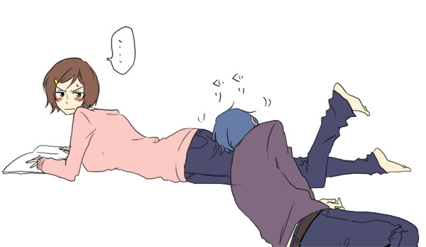 kaito (vocaloid), meiko (vocaloid), vocaloid, …, 1boy, 1girl, alternate hairstyle, angry, barefoot, blue hair, blush, brown hair, casual, couple, denim, feet, head on ass, hetero, jeans, lying, on stomach, pants, short hair, sleeping, speech bubble, spoken ellipsis, toes