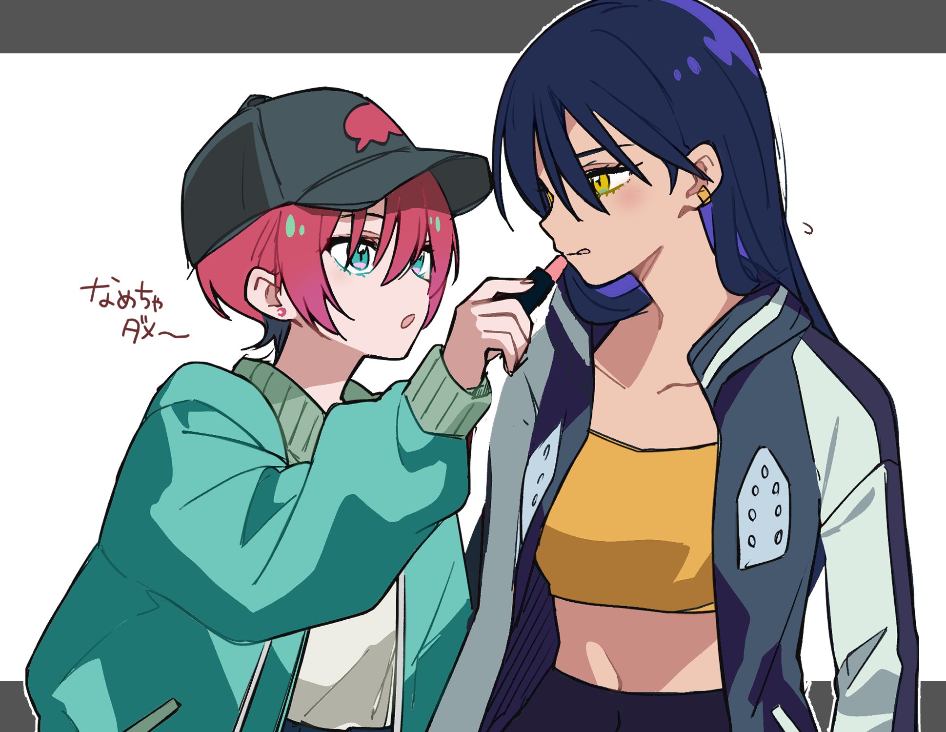 fuji (f ukkami), amate yuzuriha, nyaan (gundam gquuuuuux), gundam, gundam gquuuuuux, commentary request, highres, 2girls, applying another's makeup, applying makeup, aqua eyes, aqua jacket, bandeau, baseball cap, black hat, black jacket, cosmetics, hat, holding, holding lipstick tube, jacket, letterboxed, letterman jacket, lipstick tube, long hair, midriff, multiple girls, navel, open clothes, open jacket, outside border, purple hair, red hair, shirt, short hair, simple background, white background, white shirt, yellow bandeau, yellow eyes