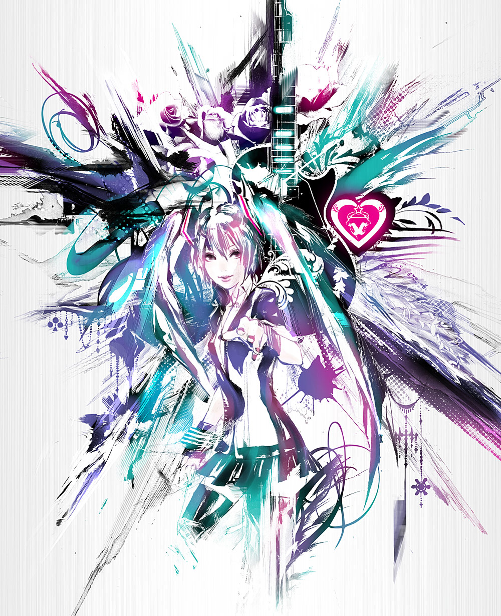 taka (frostbite), hatsune miku, vocaloid, highres, 1girl, female focus, flower, heart, long hair, rose, skirt, smile, solo, twintails