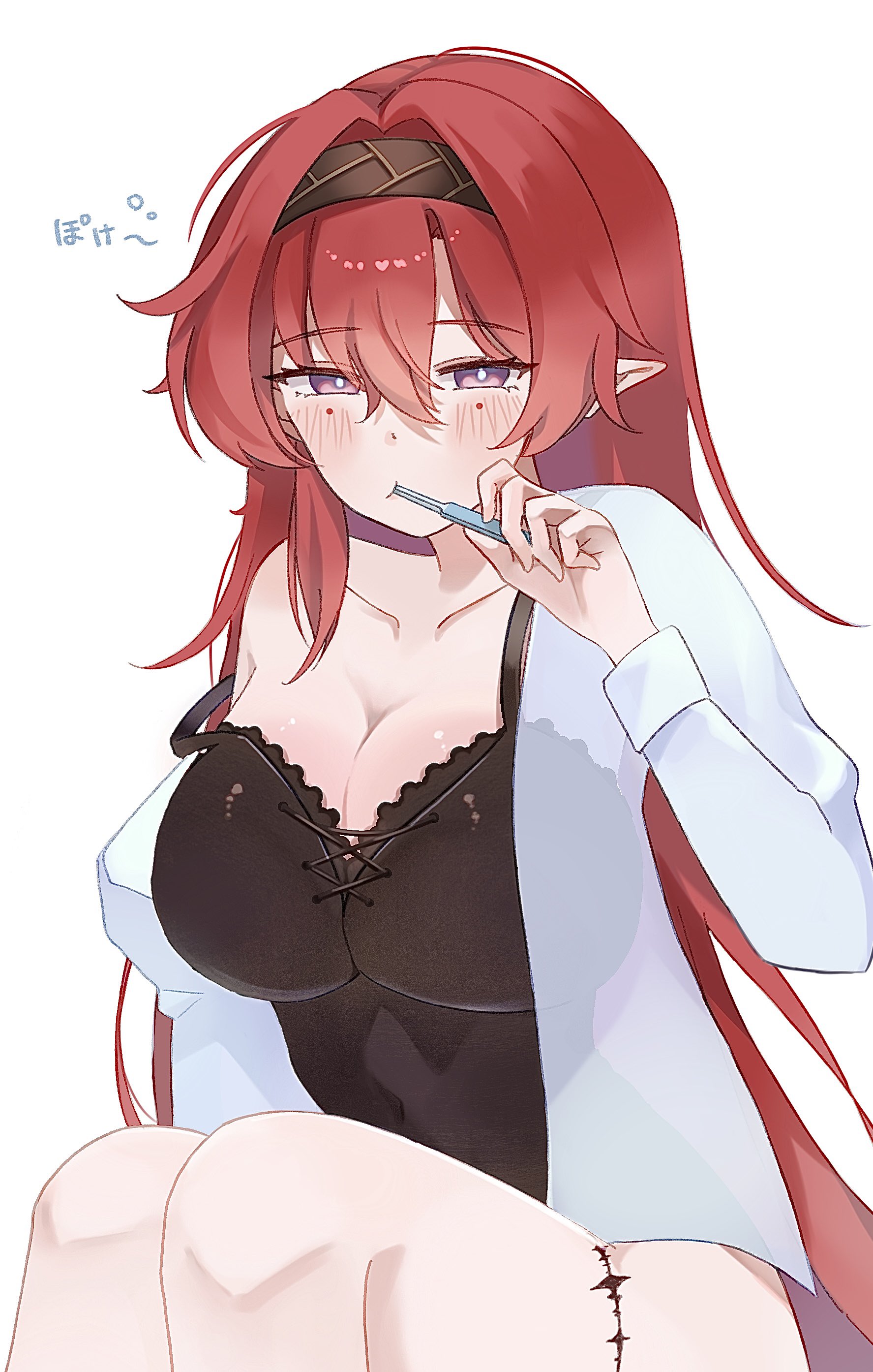1010 (wuthering1010), yinlin (wuthering waves), wuthering waves, absurdres, highres, 1girl, alternate breast size (larger), alternate costume, black camisole, black hairband, blush, breasts, camisole, circle facial mark, cleavage, collarbone, hair between eyes, hair down, hairband, holding, holding toothbrush, large breasts, looking at viewer, mark under both eyes, open clothes, open shirt, pointy ears, purple eyes, red hair, shirt, sidelocks, sitting, solo, strap slip, tacet mark (wuthering waves), toothbrush, toothbrush in mouth, white shirt
