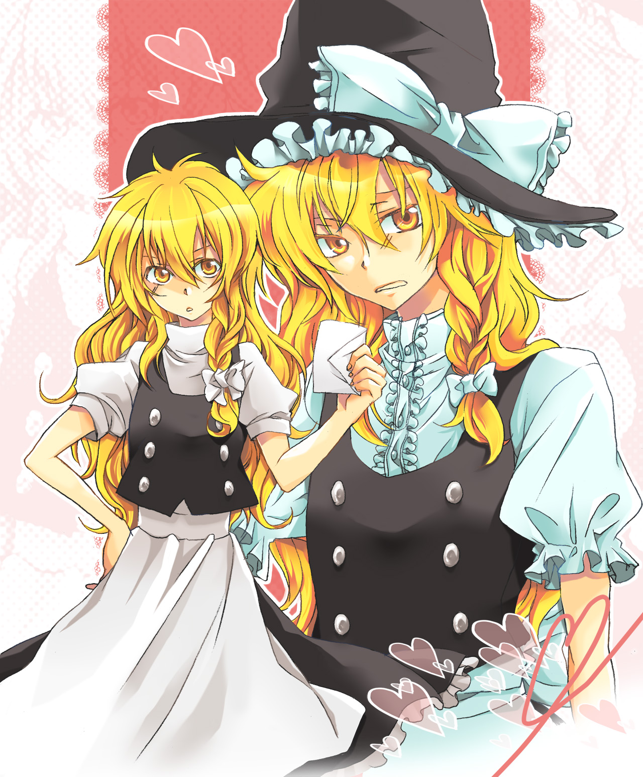 teito (0w0kuma), kirisame marisa, touhou, bad id, bad pixiv id, highres, 1girl, blonde hair, braid, female focus, hat, heart, long hair, solo, witch, witch hat, yellow eyes