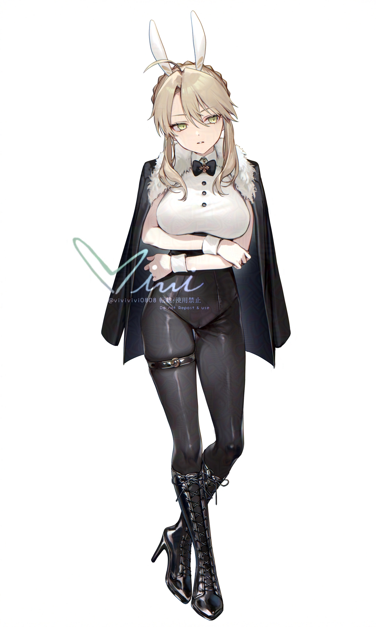 siiqa vivi, artoria pendragon (fate), artoria pendragon (lancer) (fate), fate/grand order, fate (series), highres, 1girl, ahoge, animal ears, black jacket, black leotard, black pantyhose, blonde hair, bow, bowtie, braid, breasts, collared shirt, fake animal ears, full body, fur-trimmed jacket, fur trim, green eyes, hair between eyes, high heels, jacket, jacket on shoulders, large breasts, leotard, long hair, looking to the side, pantyhose, playboy bunny, rabbit ears, shirt, sidelocks, sleeveless, sleeveless shirt, solo, white shirt